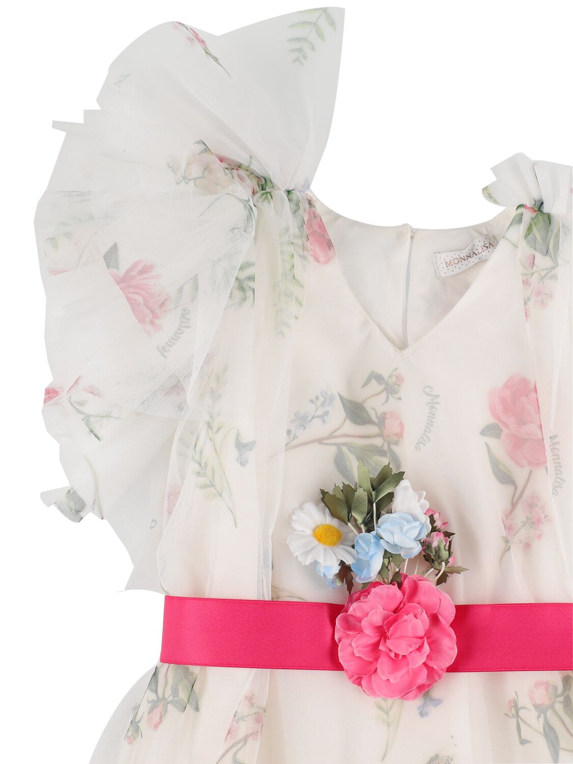 MONNALISA FLOWER PRINT STRETCH TULLE PARTY DRESS 