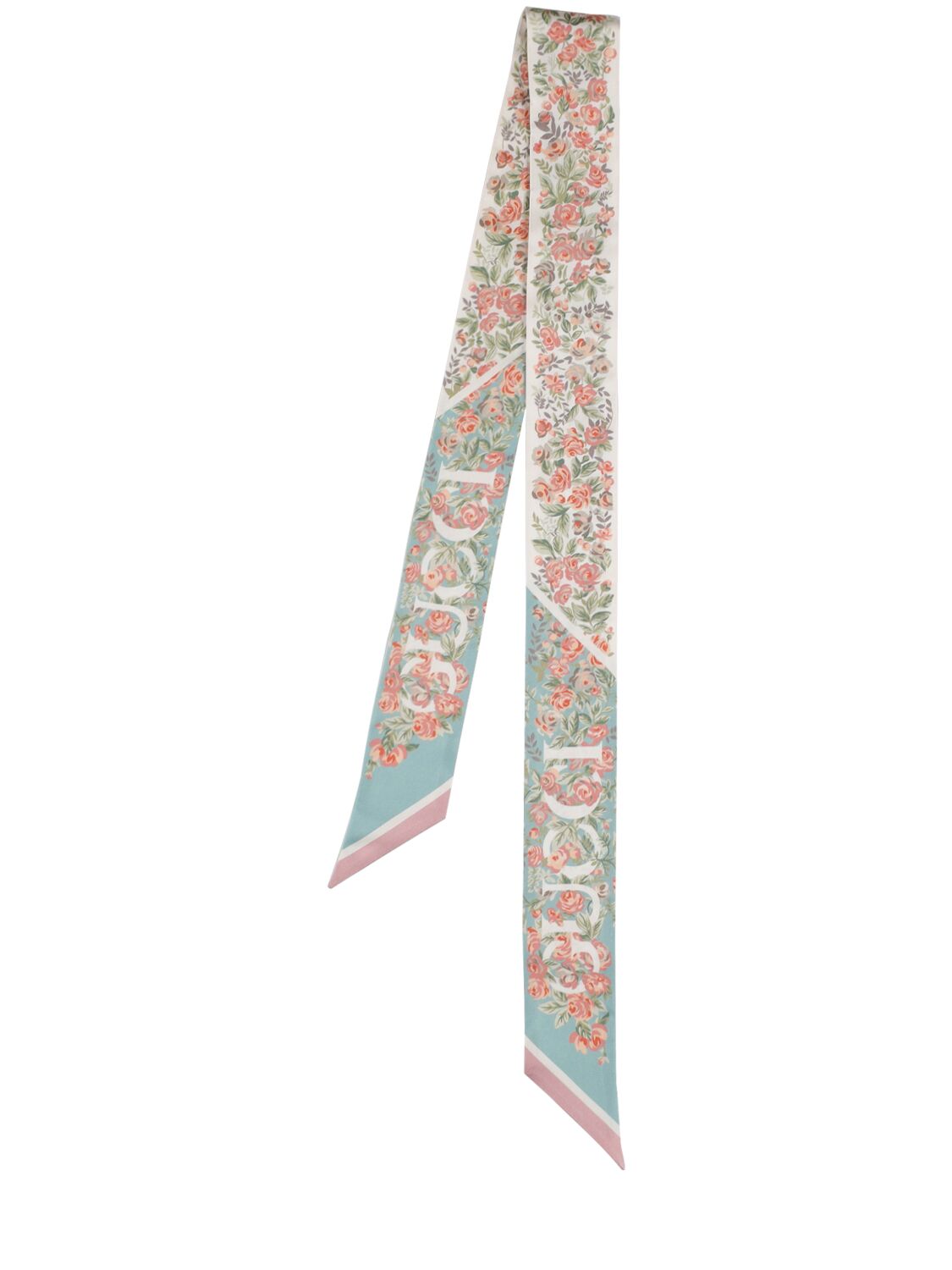 Shop Gucci Floral Print Silk Neck Bow In Aqua,pink