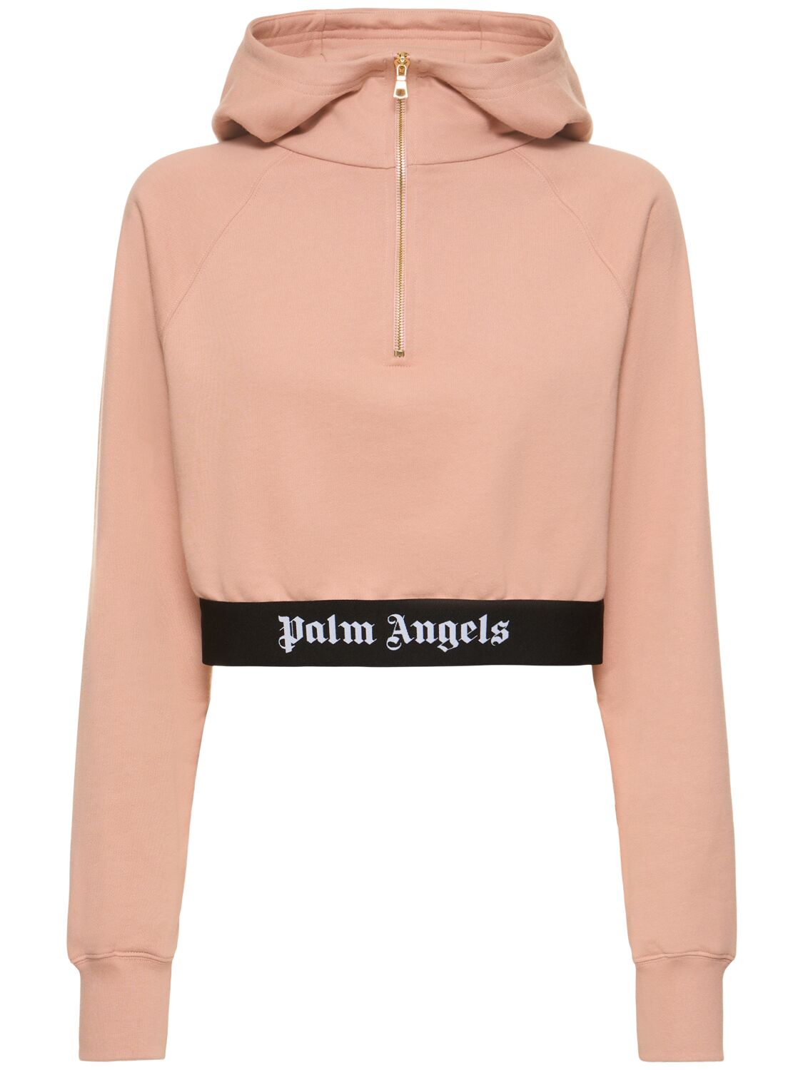 Shop Palm Angels Logo Tape Zipped Cotton Hoodie In Pink