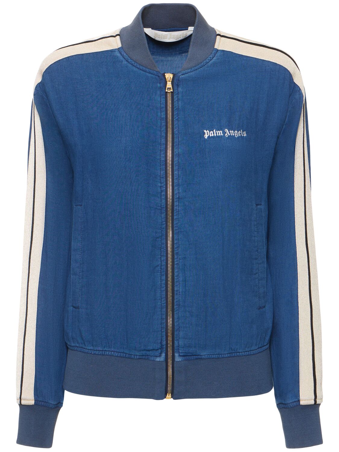 Shop Palm Angels Cotton Chambray Bomber Track Jacket In Indigo