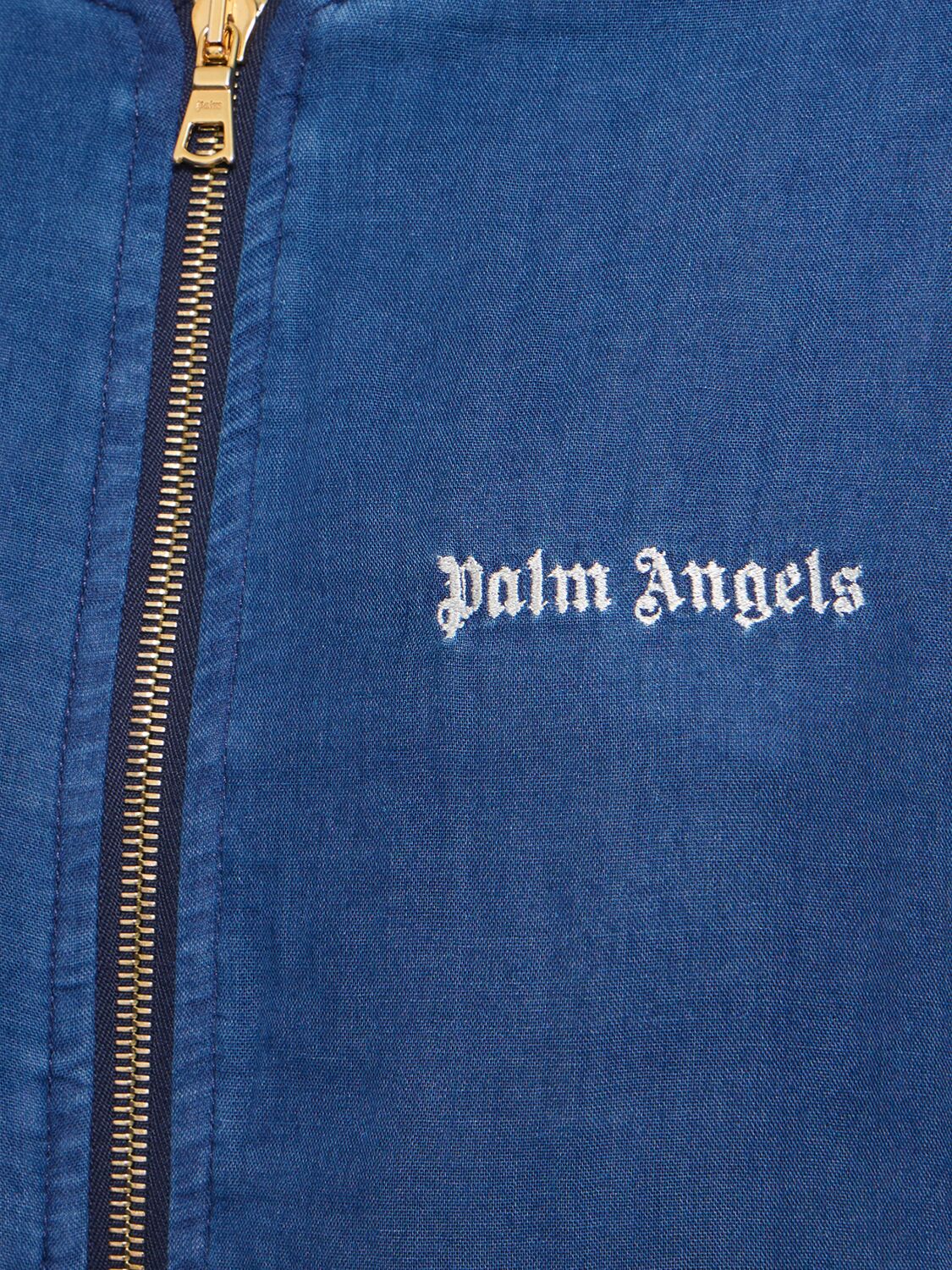 Shop Palm Angels Cotton Chambray Bomber Track Jacket In Indigo