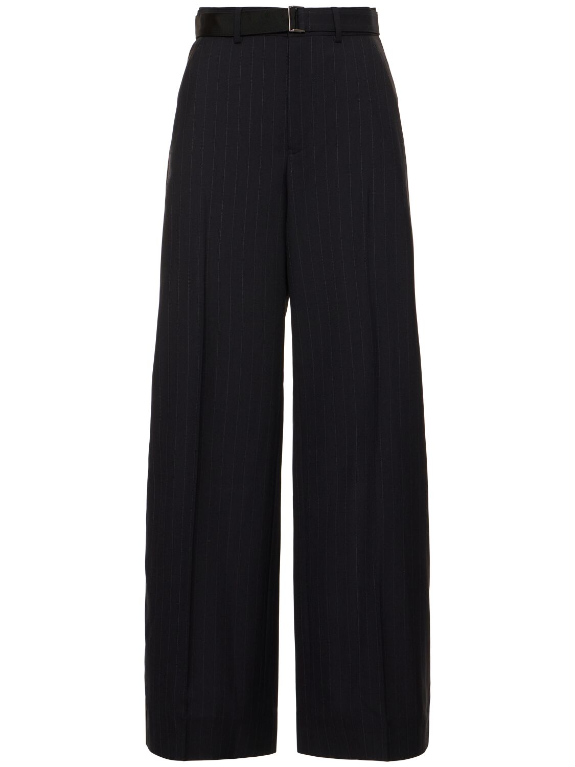 Sacai Chalk Stripe Belted Wide Pants In Navy,white