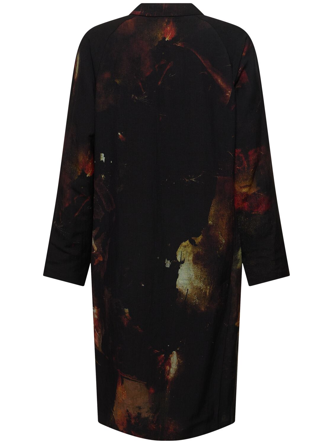 Shop Yohji Yamamoto I-designed Printed Linen Blend Long Coat In Black