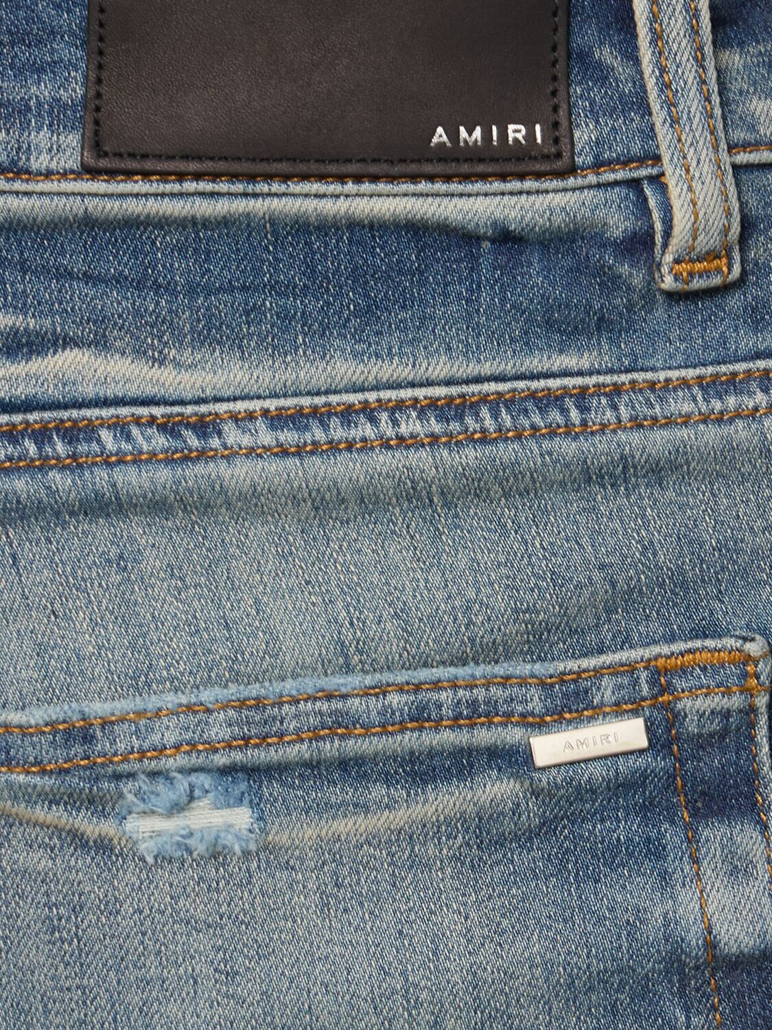 Shop Amiri Sequin Thrasher Cotton Stretch Jeans In Blue