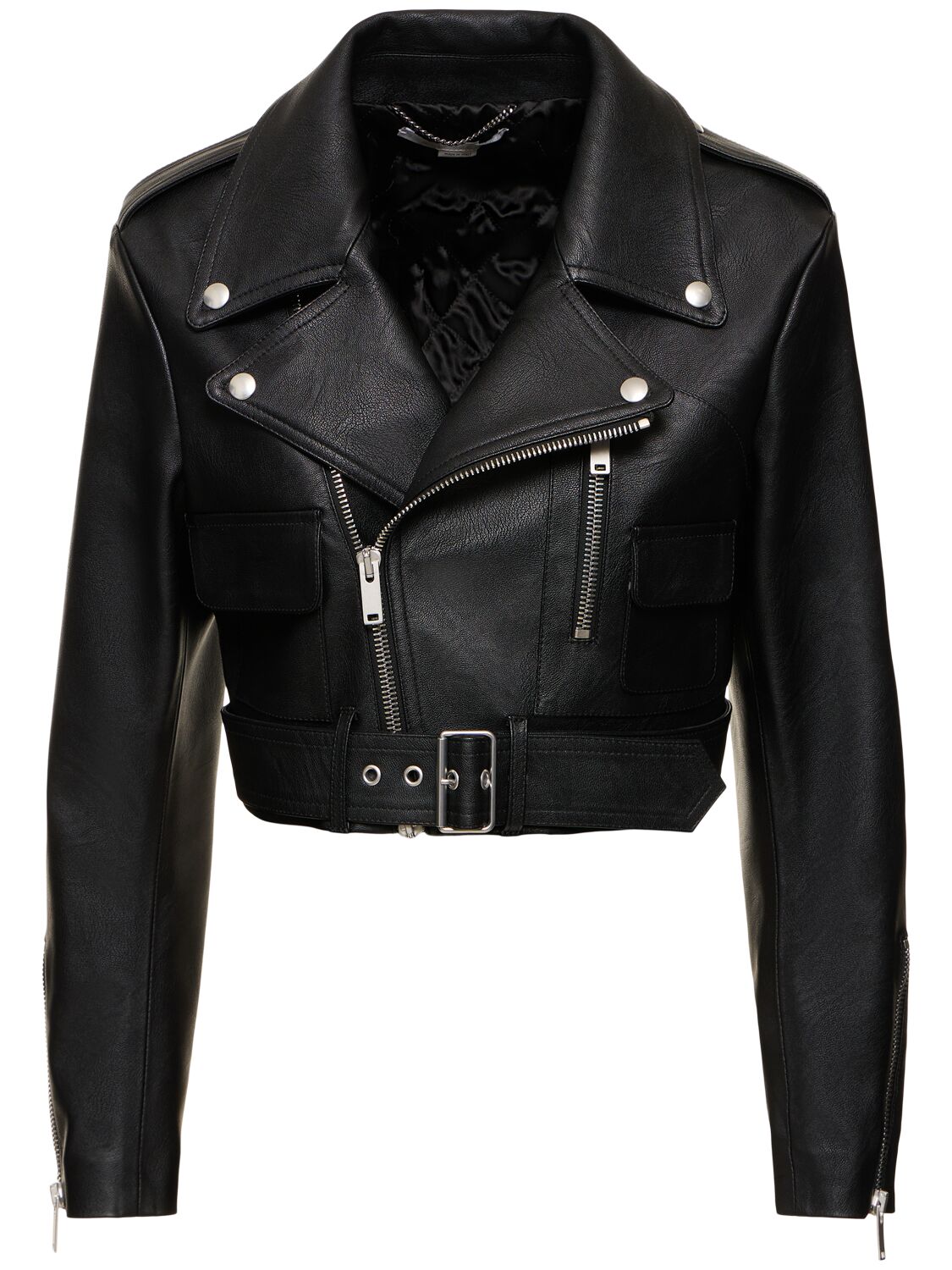Stella Mccartney Belted Faux Leather Cropped Biker Jacket In Black