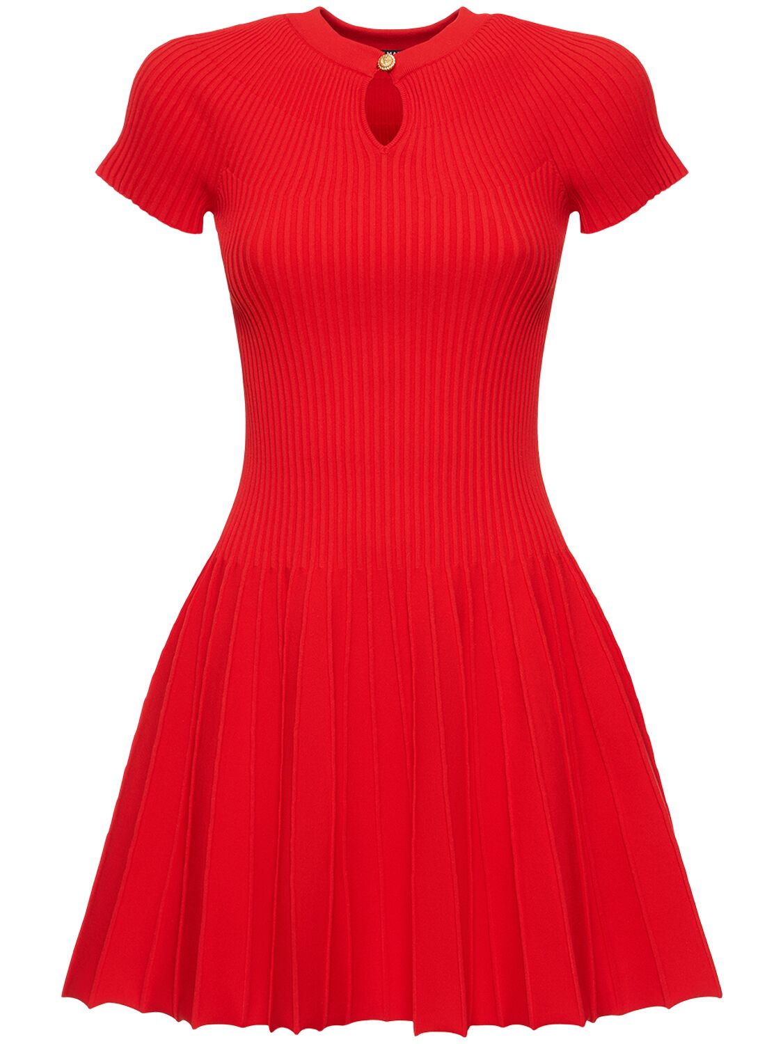 Balmain Cap-sleeve Pleated Knit Fit-&-flare Mini Dress In Red