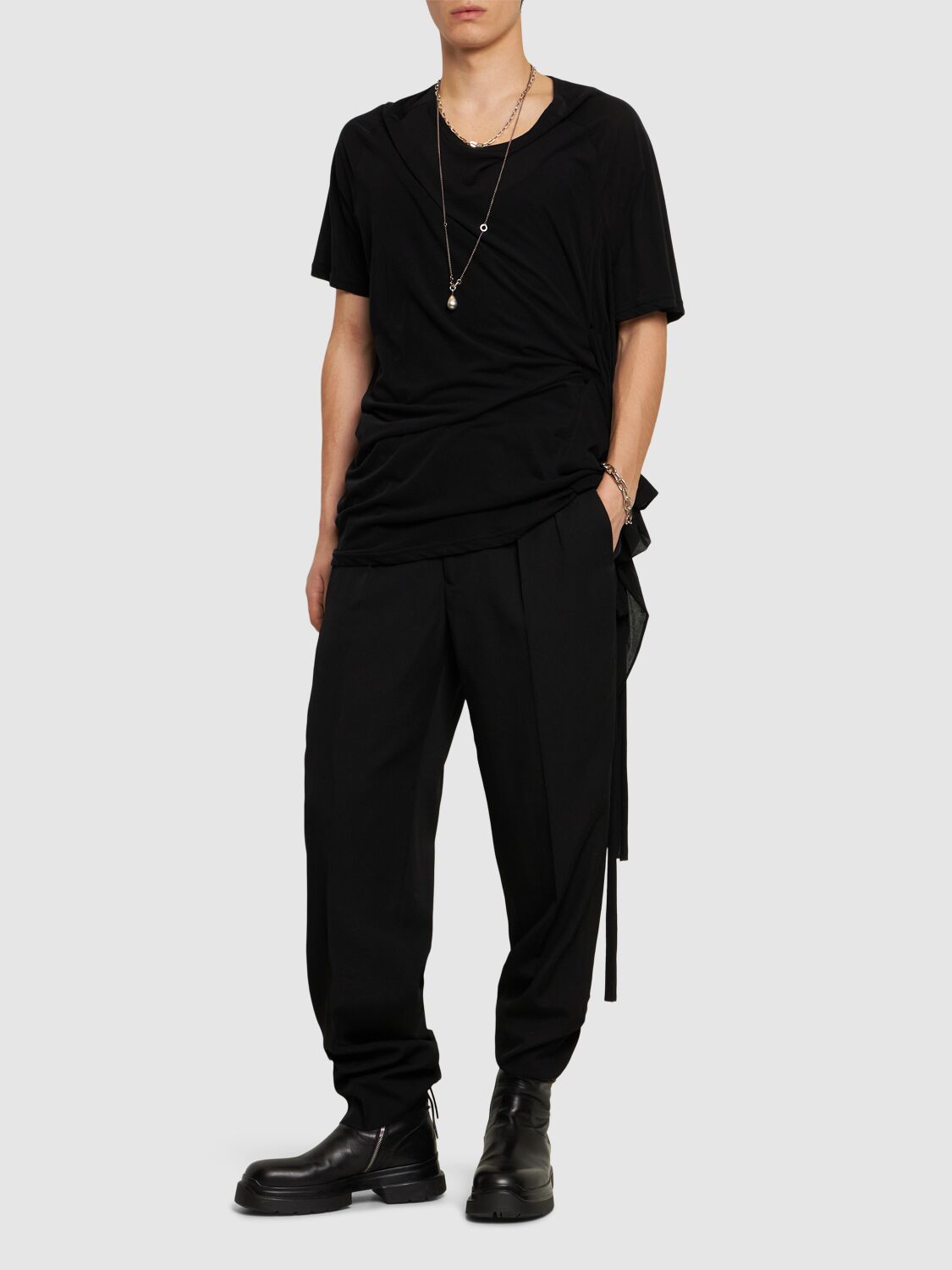 Shop Yohji Yamamoto Cotton Side String T-shirt In Black