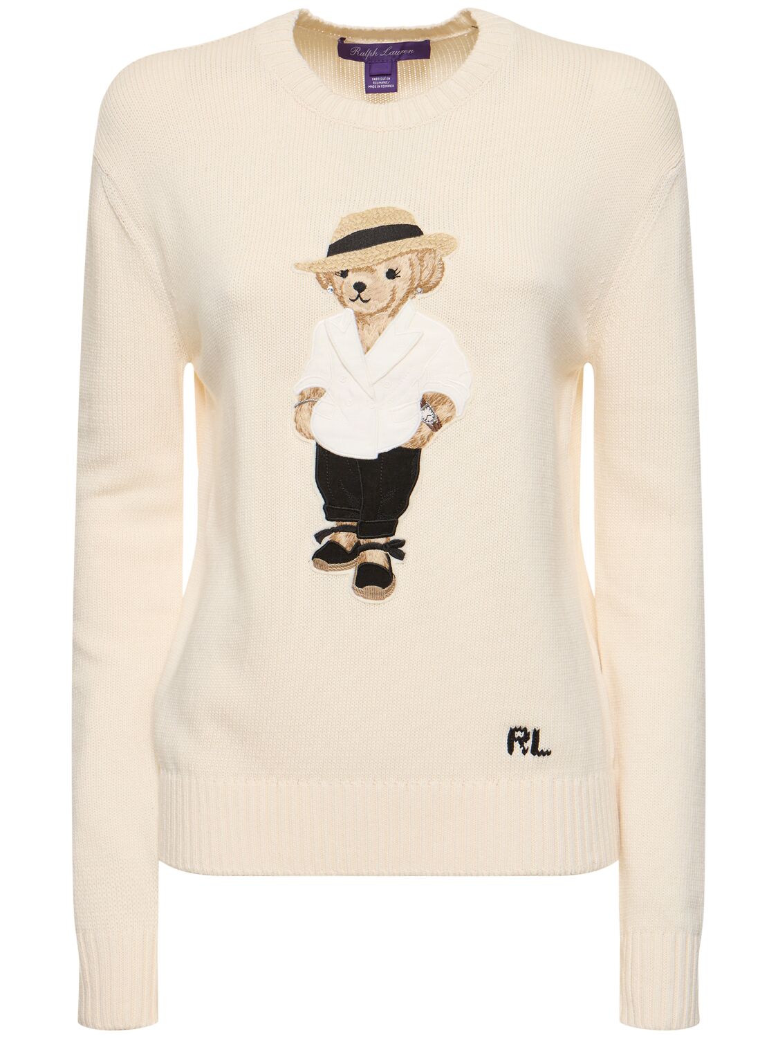 Ralph Lauren Cotton Jersey Crewneck Sweater W/ Bear In Ivory