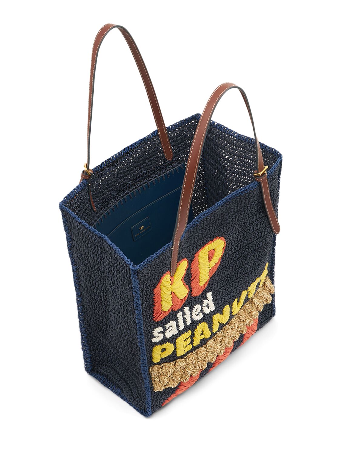 Shop Anya Hindmarch Kp Peanuts Raffia Tote Bag In Dark Petrol
