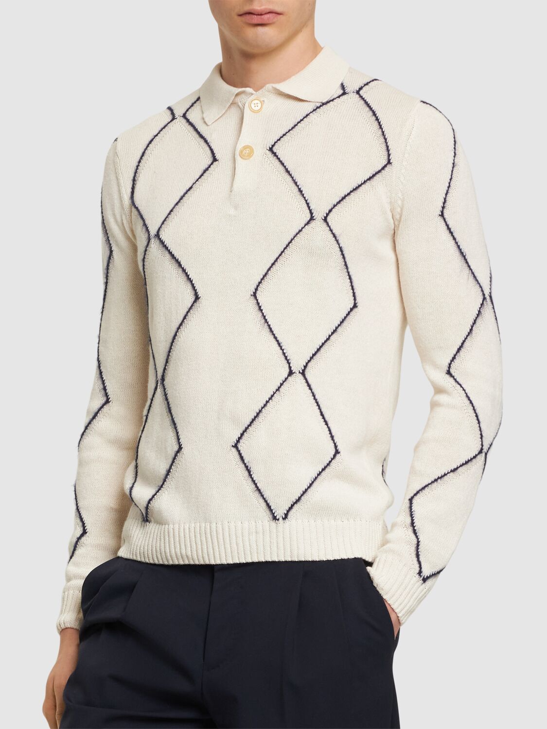Shop Aspesi Diamond Cotton Blend Knit L/s Polo In White