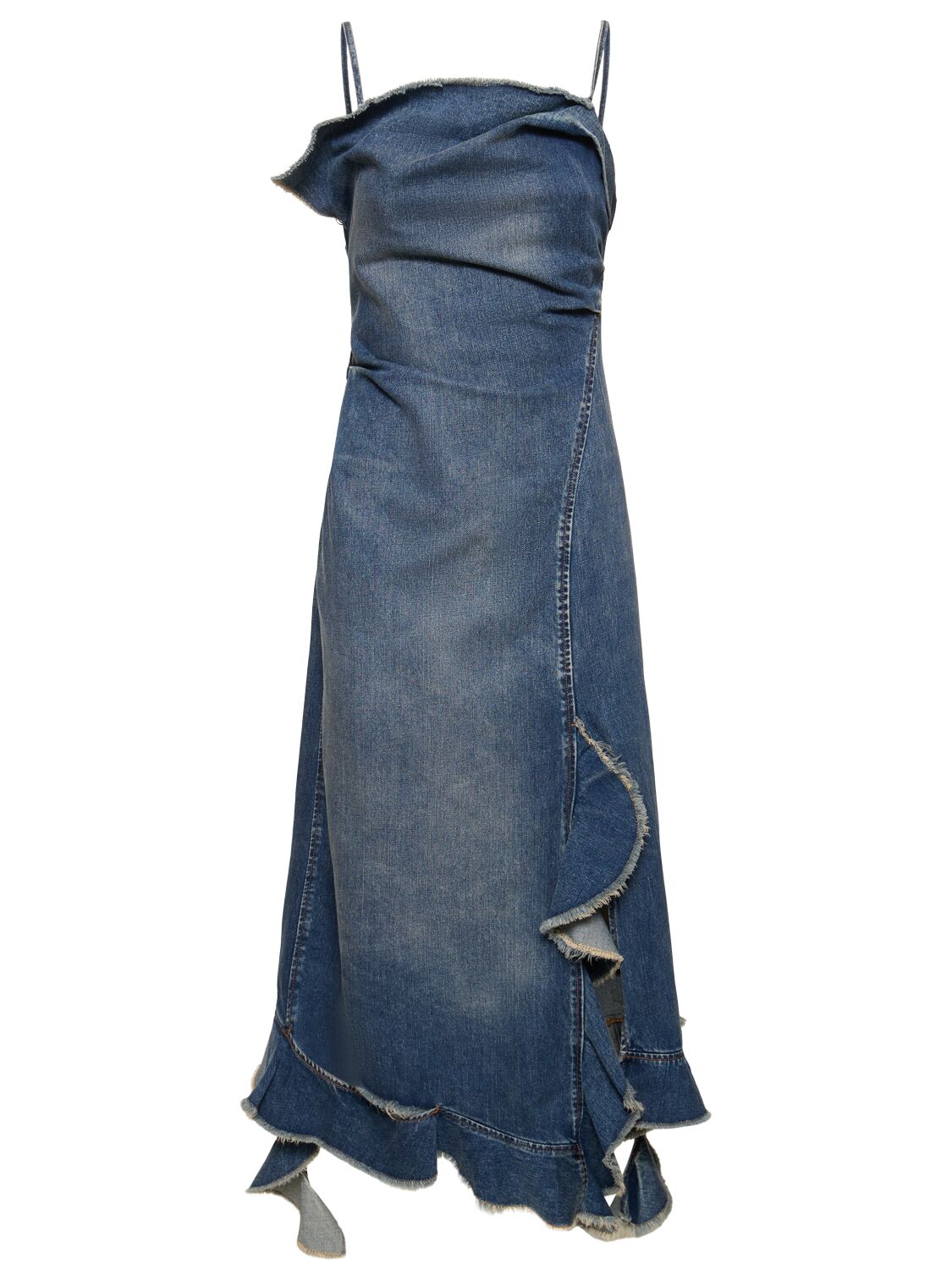 Shop Acne Studios Ruffled Denim Self-tie Midi Dress In Blue