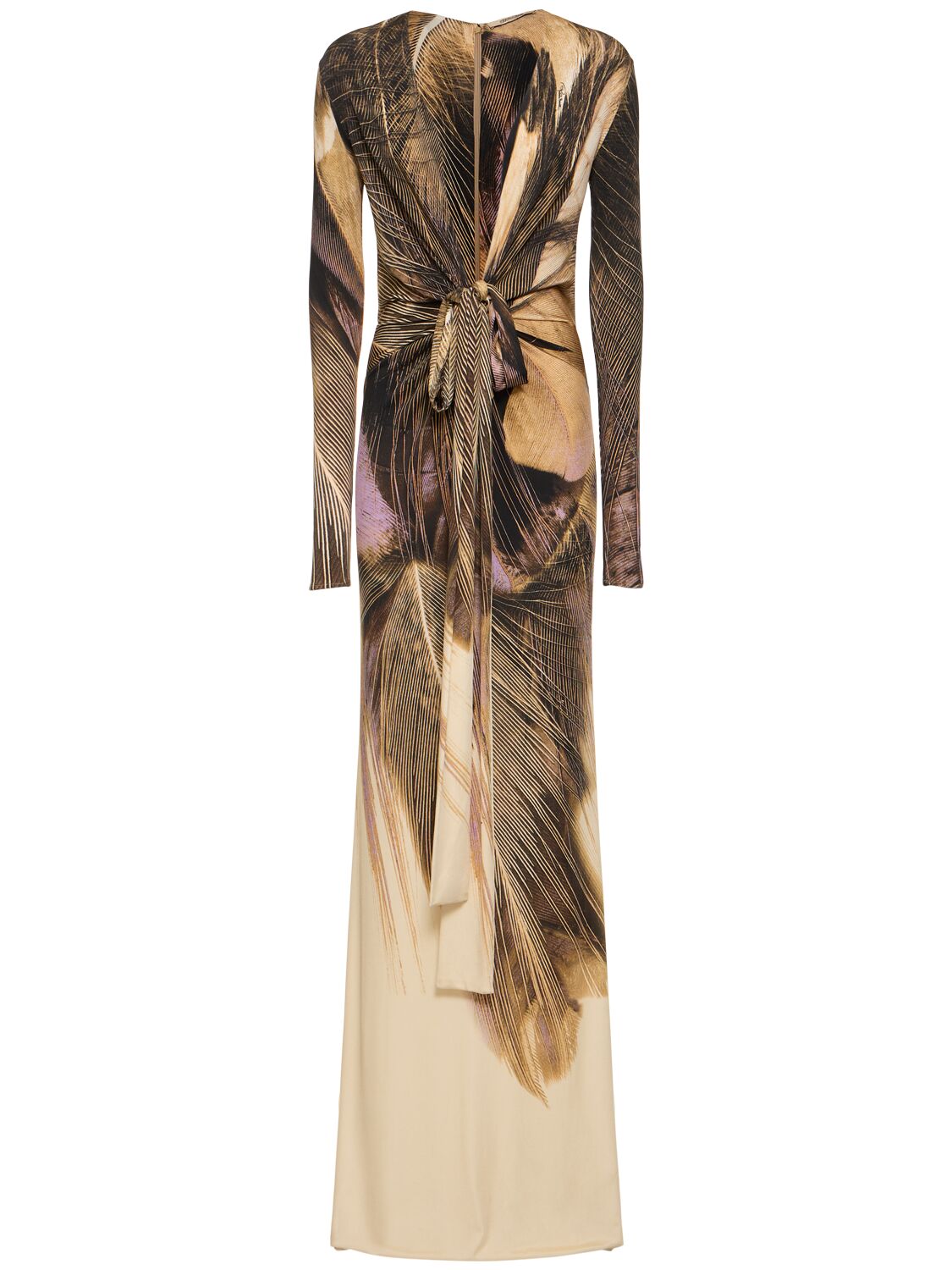 Roberto Cavalli Printed Stretch Jersey Long Dress W/knot In Brown
