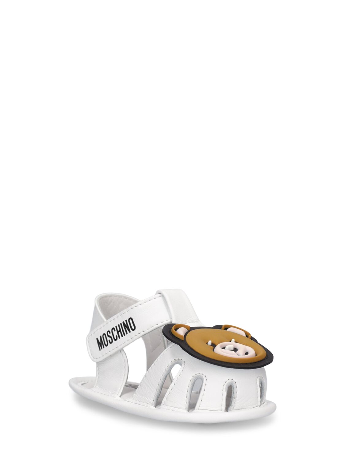 Shop Moschino Teddy Patch Leather Strap Sandals In White