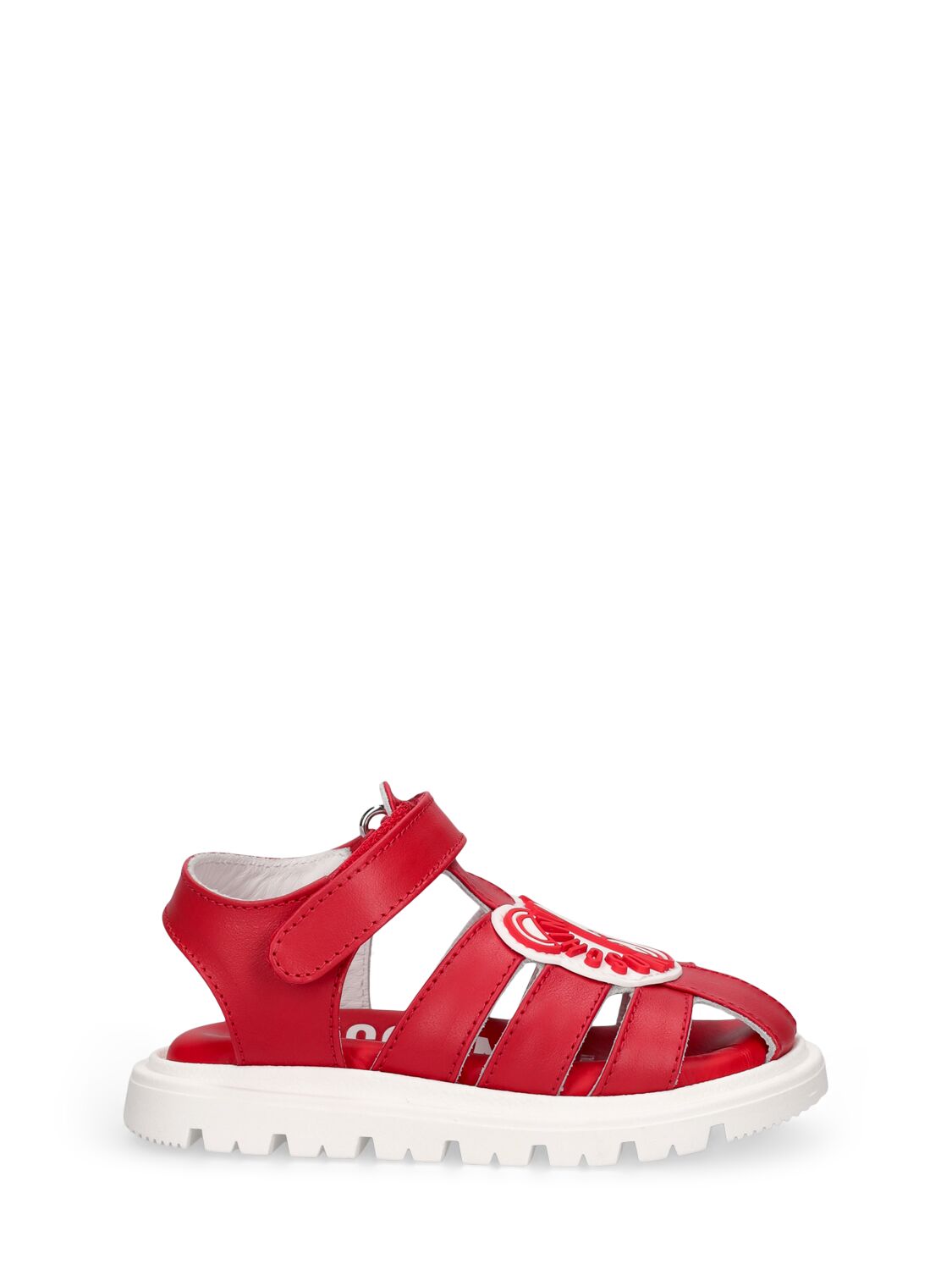 Moschino Kids' Logo Print Leather Sandals W/teddy Patch In Red