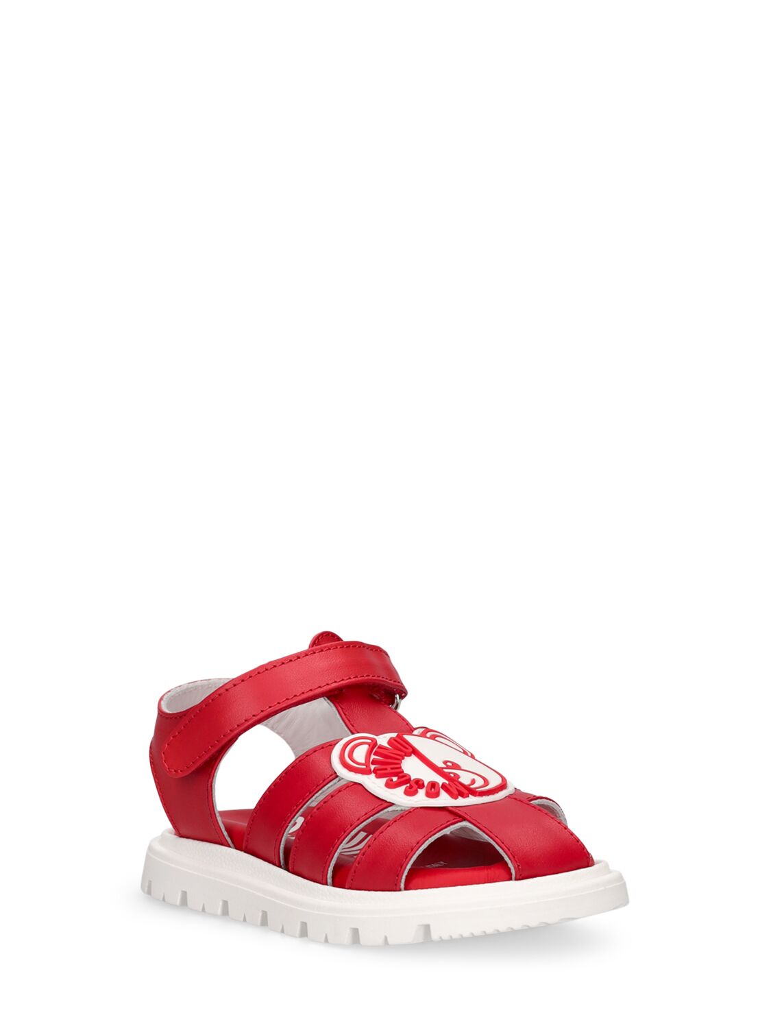 Shop Moschino Logo Print Leather Sandals W/teddy Patch In Red