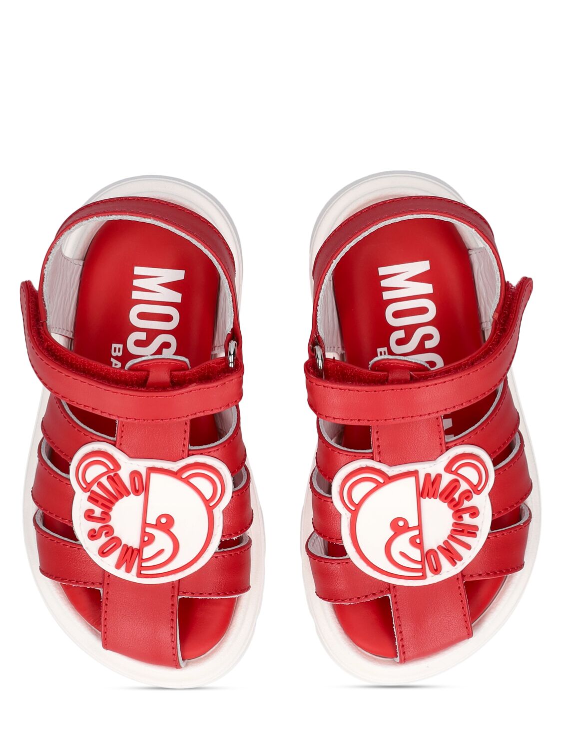 Shop Moschino Logo Print Leather Sandals W/teddy Patch In Red