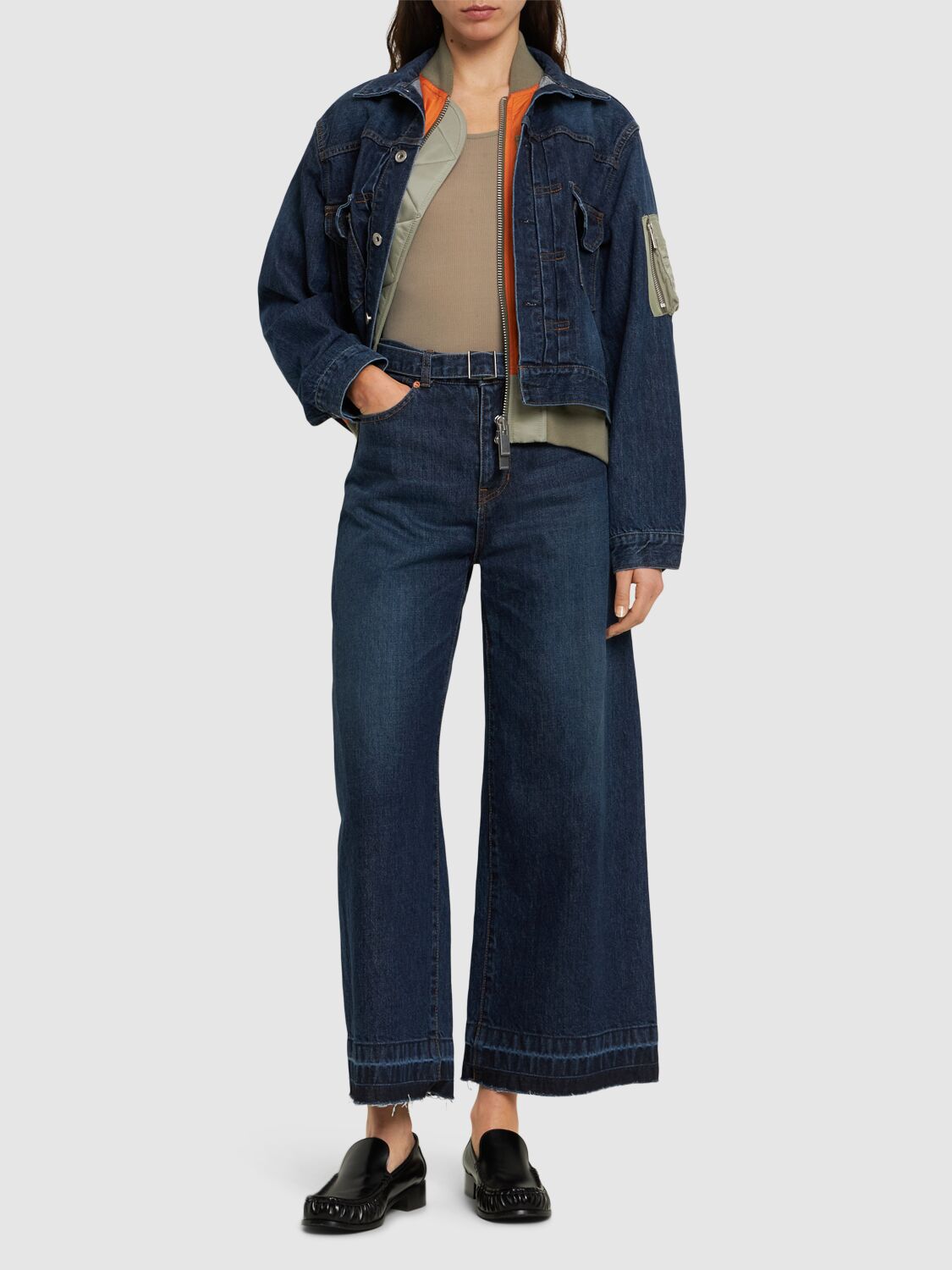 Shop Sacai Belted Mid Rise Denim Wide Jeans In Blue