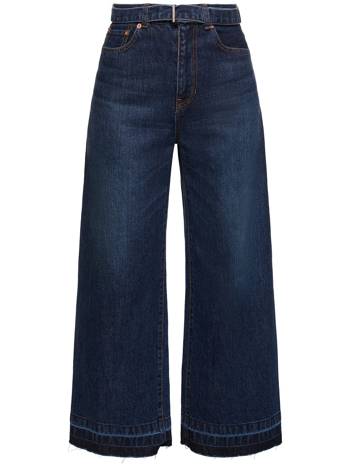 Shop Sacai Belted Mid Rise Denim Wide Jeans In Blue