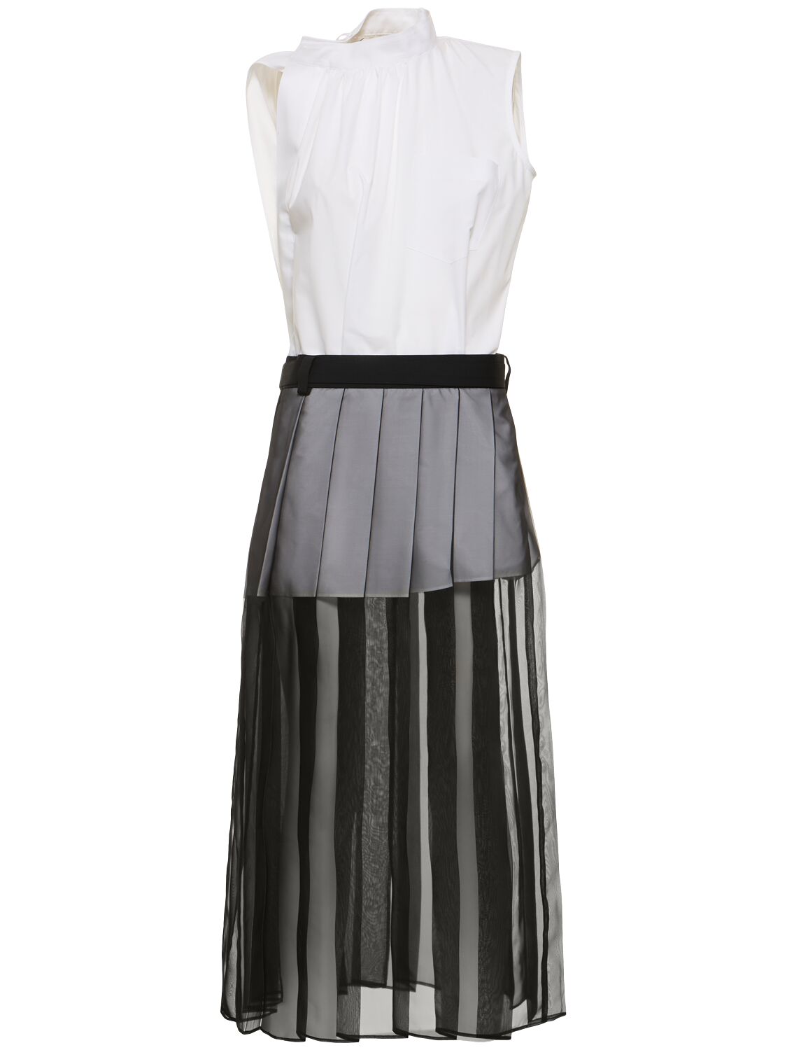Sacai Poplin Mini Dress W/ Tulle Gown In White,black