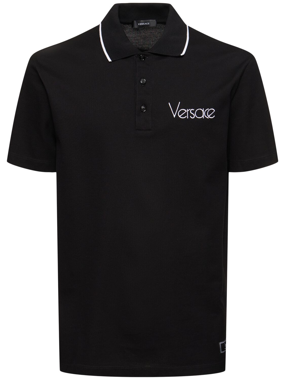 Shop Versace Logo Cotton Piquet Polo In Black