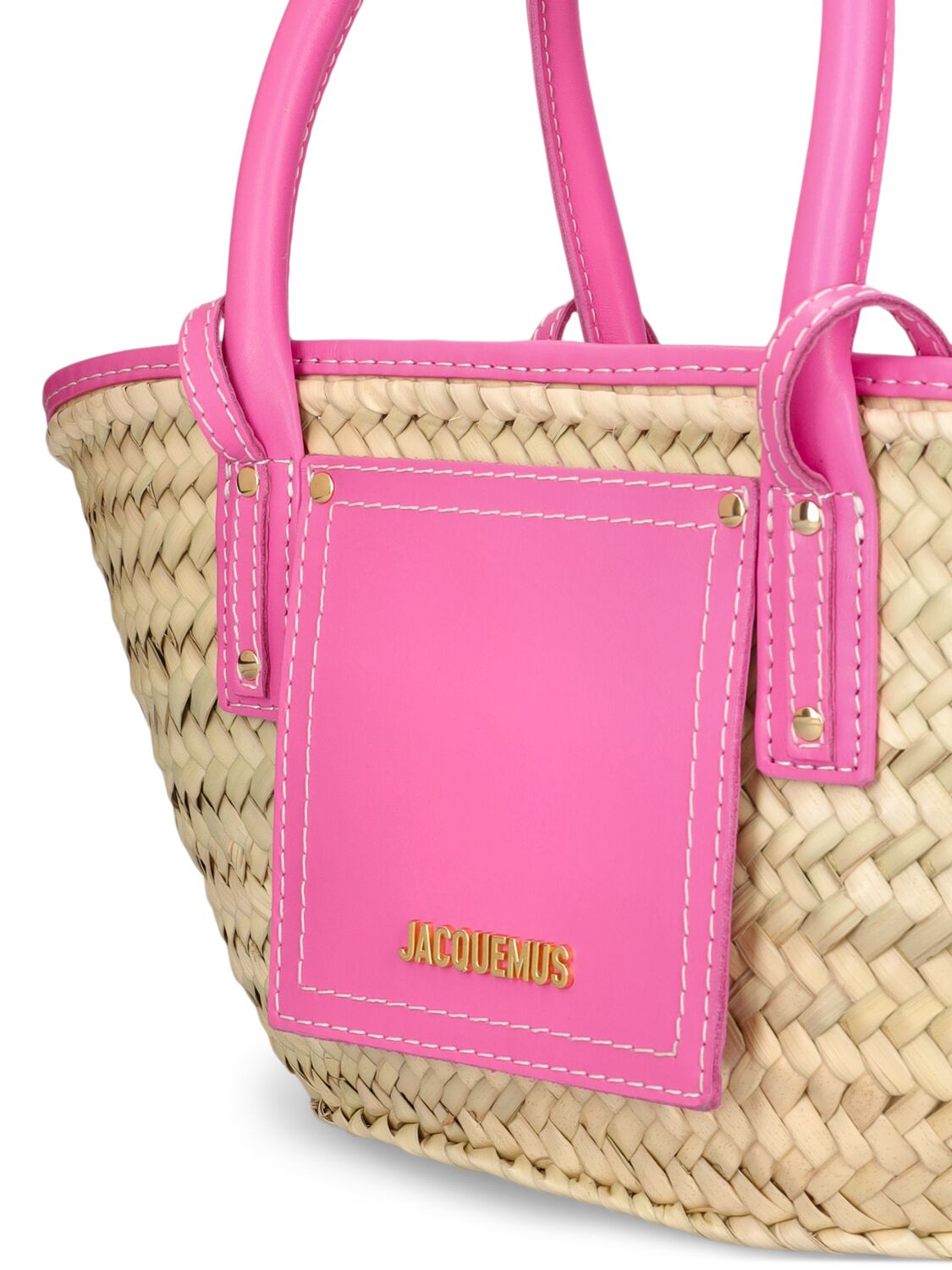 Shop Jacquemus Le Petit Panier Soli Raffia Leather Bag In Neon Pink