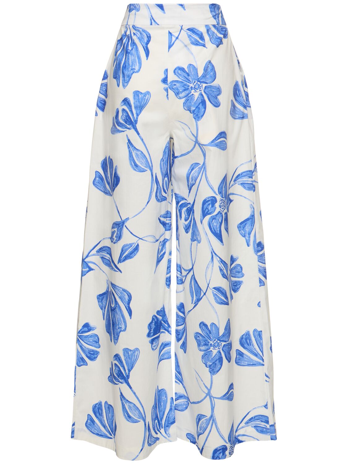 Shop Patbo Nightflower Print Cotton Wide Pants In White,blue