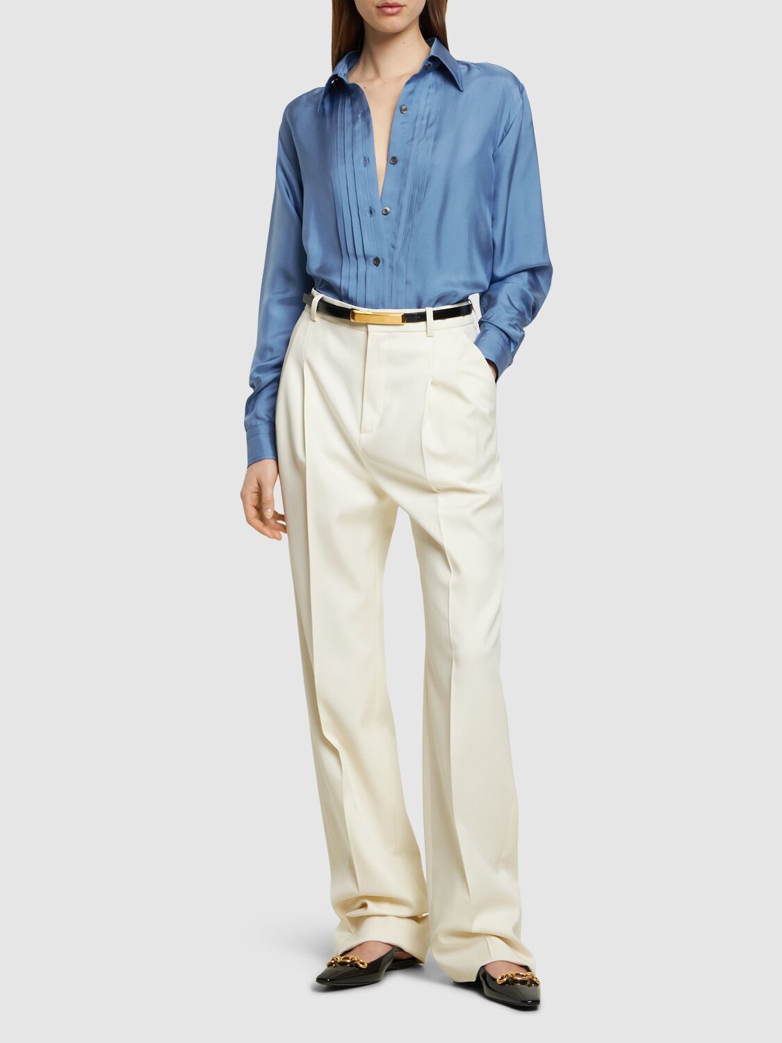 Tom Ford Pleated Silk Button-front Blouse In Light Blue