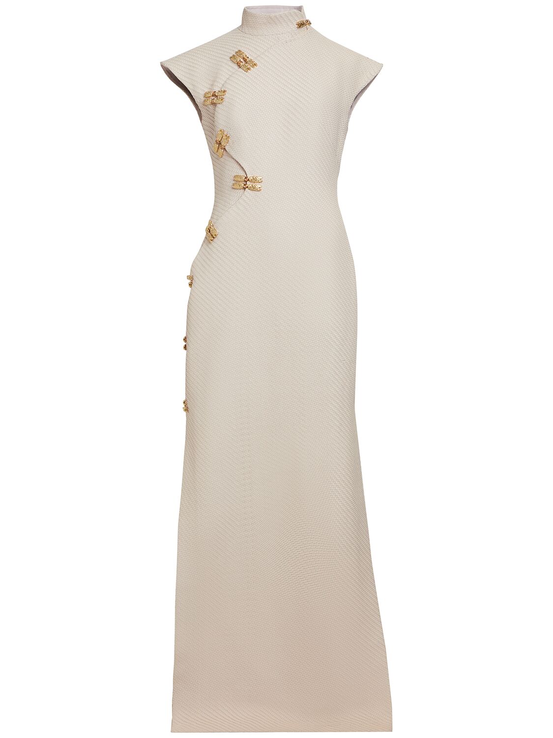 Mithridate Qipao Embellished Tech Long Dress In Neutral