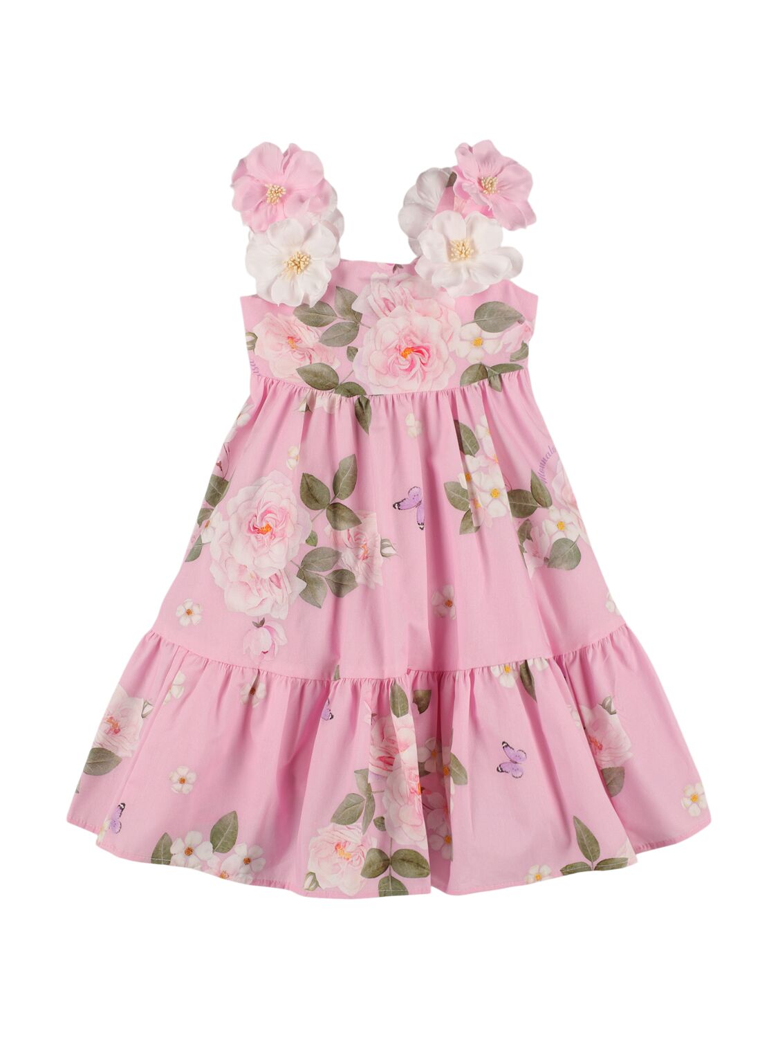 Monnalisa Kids' Printed Cotton Poplin Dress W/ Ruffles In Pink