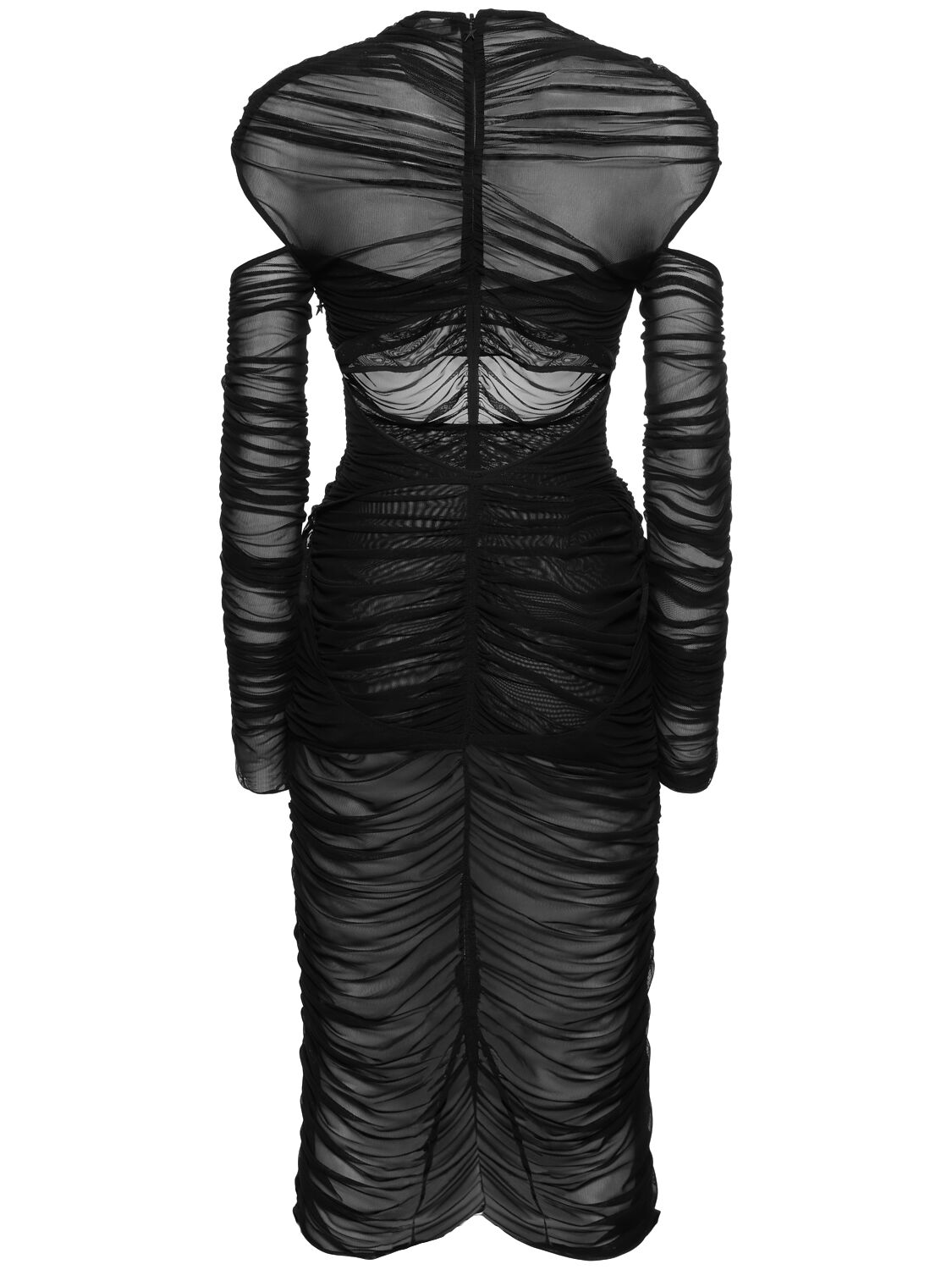 Shop Mugler Draped Mesh Maxi Dress W/ Cutouts In Black