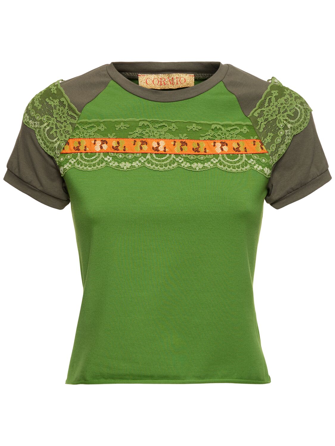 Shop Cormio Boah Cotton Jersey Raglan T-shirt W/lace In 绿色