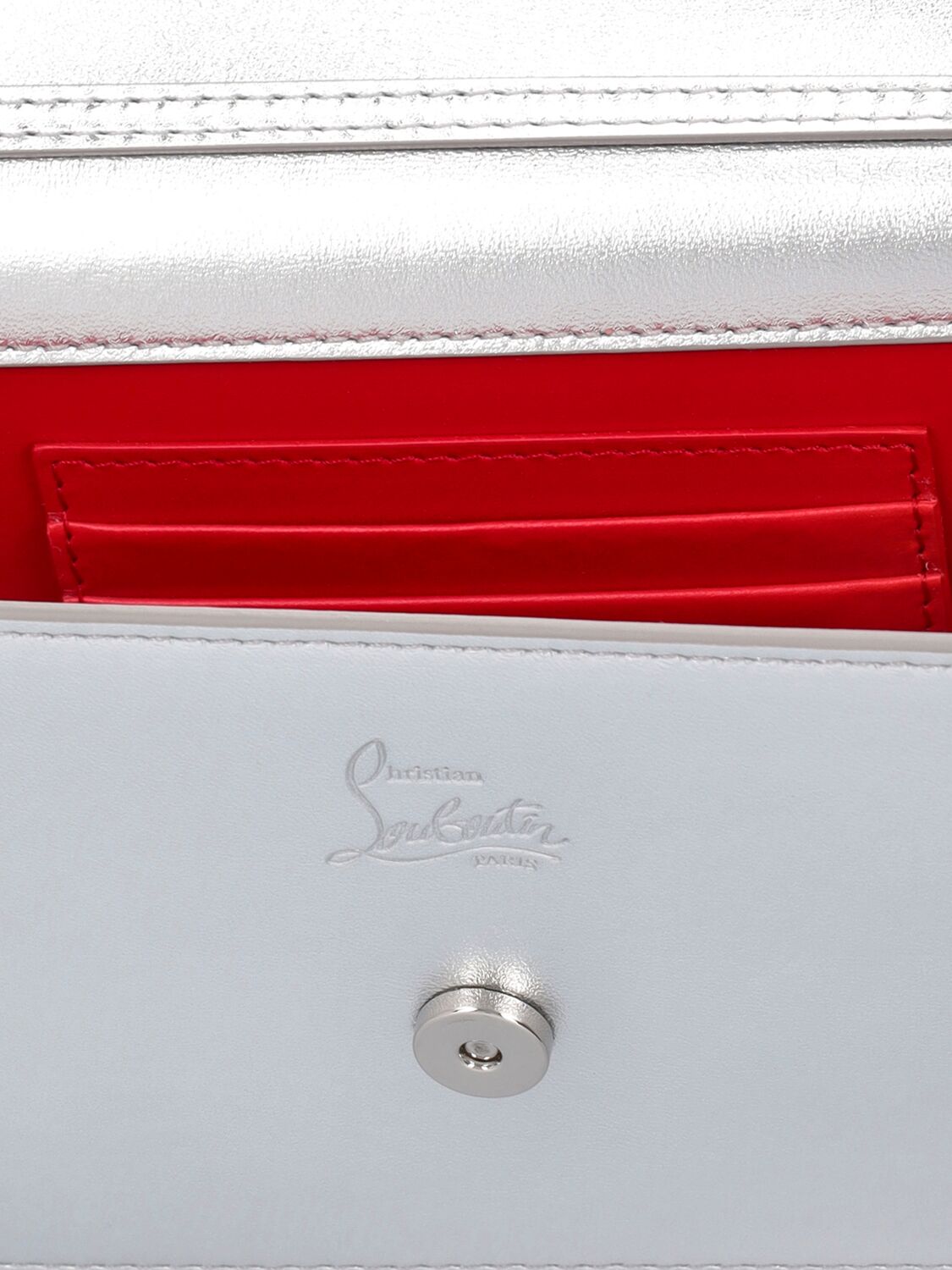 Shop Christian Louboutin Loubi54 Laminated Leather Clutch In Silver