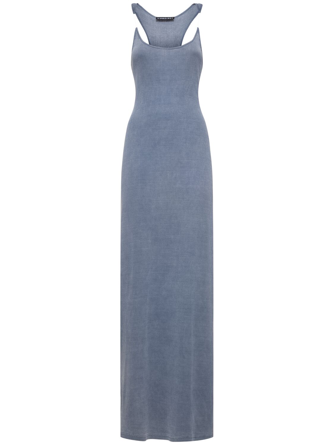 Y/project Ribbed Knit Invisible Straps Long Dress In Blue