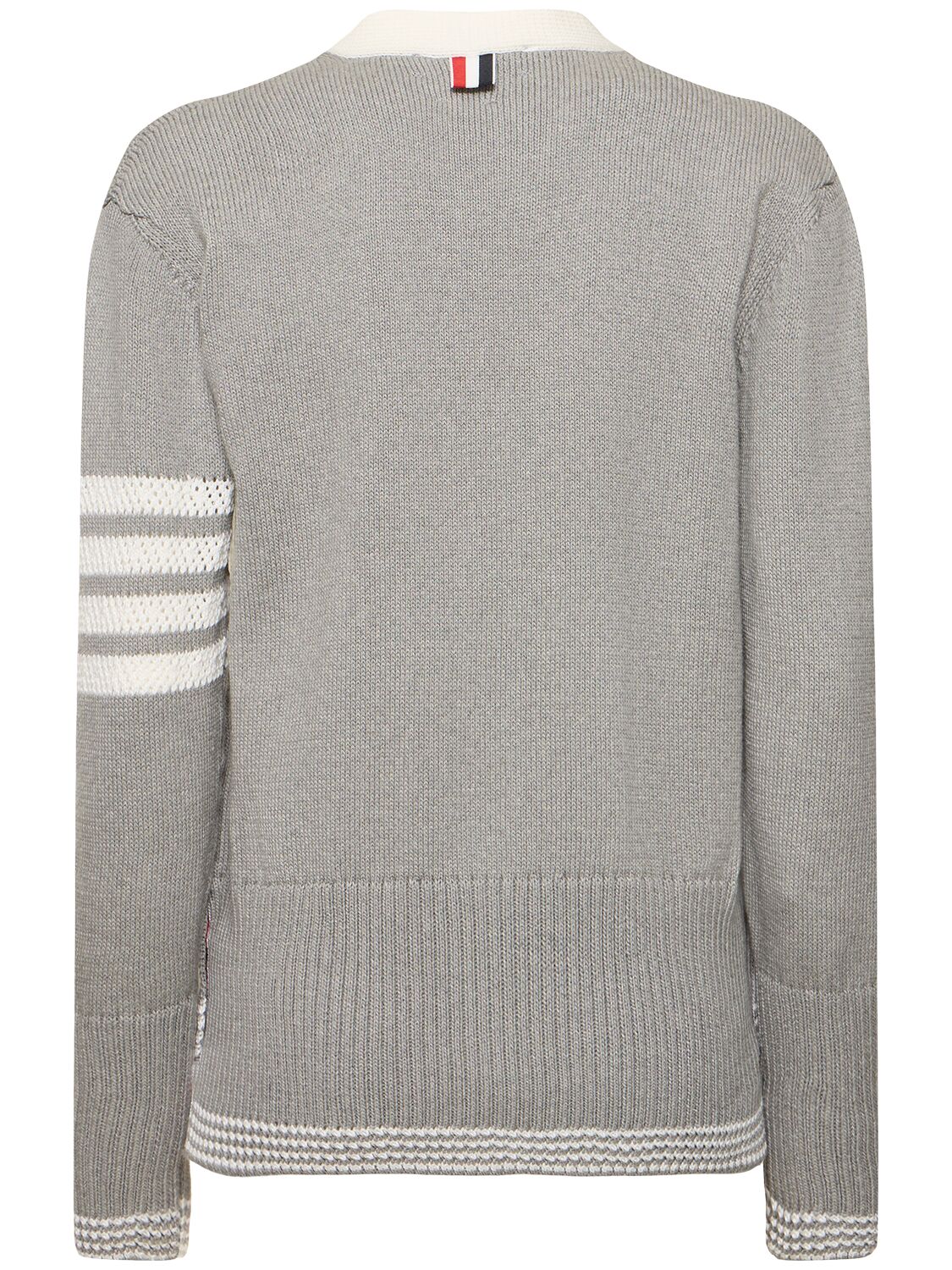 Shop Thom Browne Cotton Knit 4 Stripe Cardigan W/ Pockets In Grey,white
