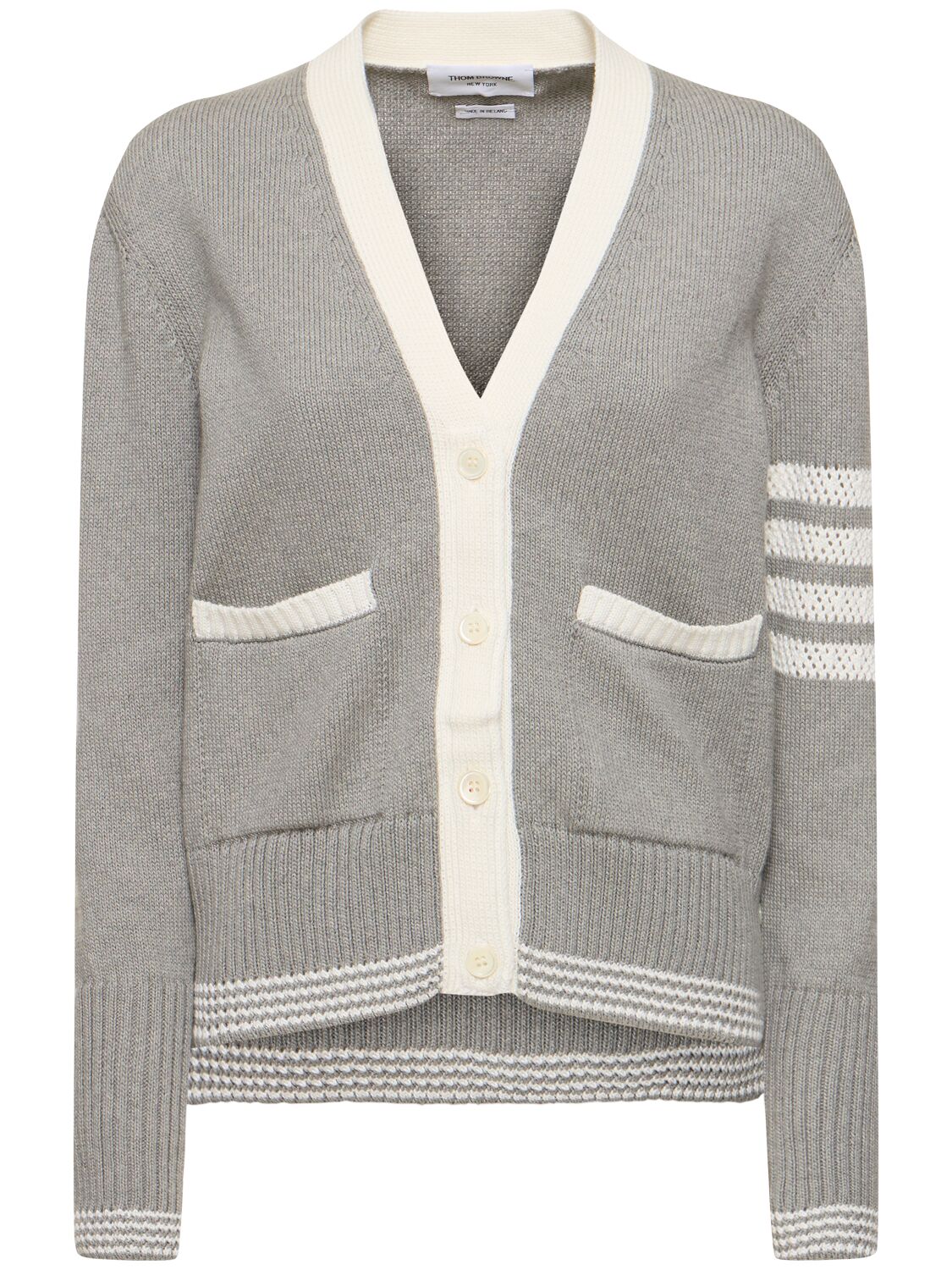 Shop Thom Browne Cotton Knit 4 Stripe Cardigan W/ Pockets In Grey,white