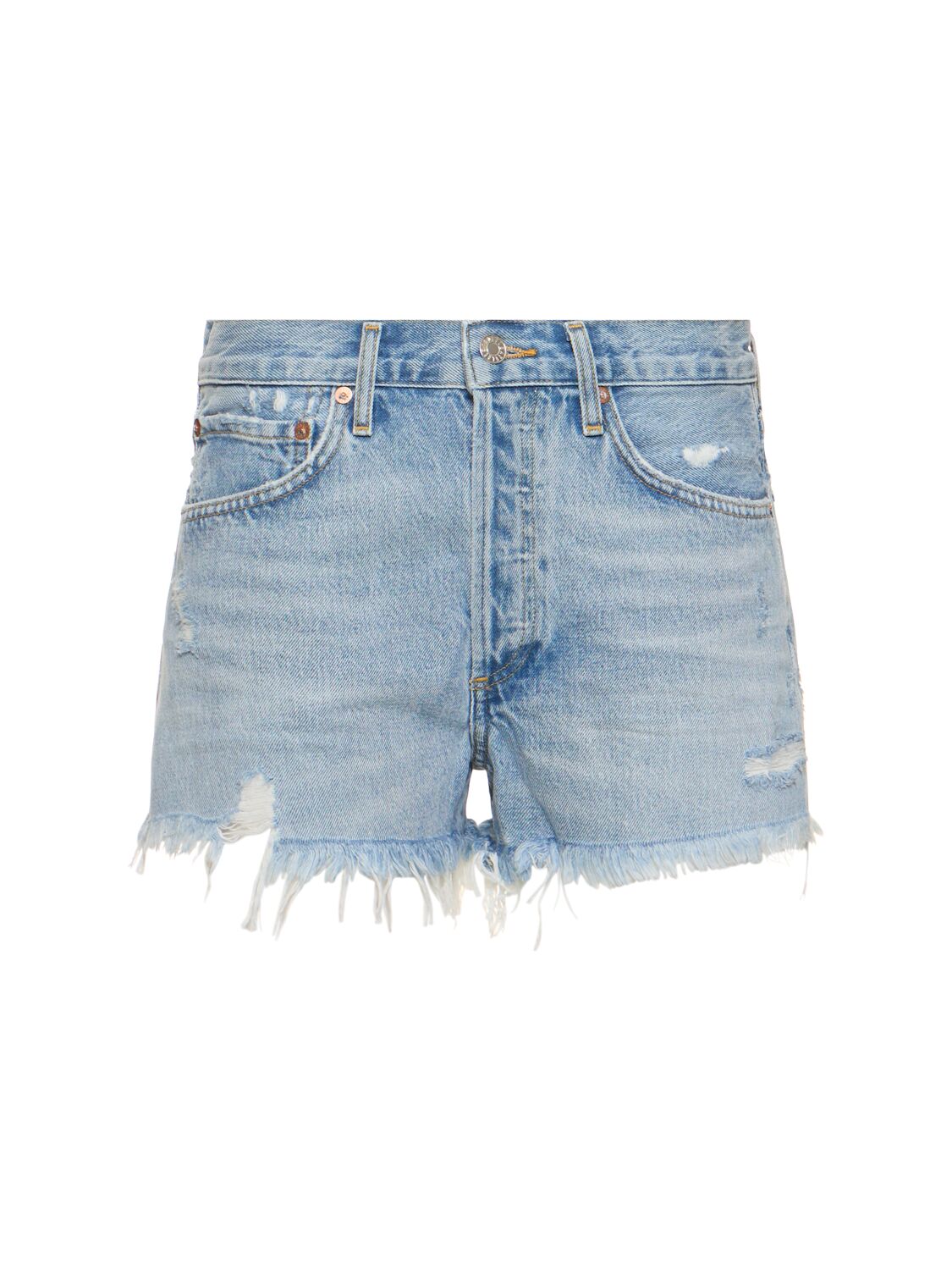 Agolde Parker Frayed Cotton Shorts In Blue