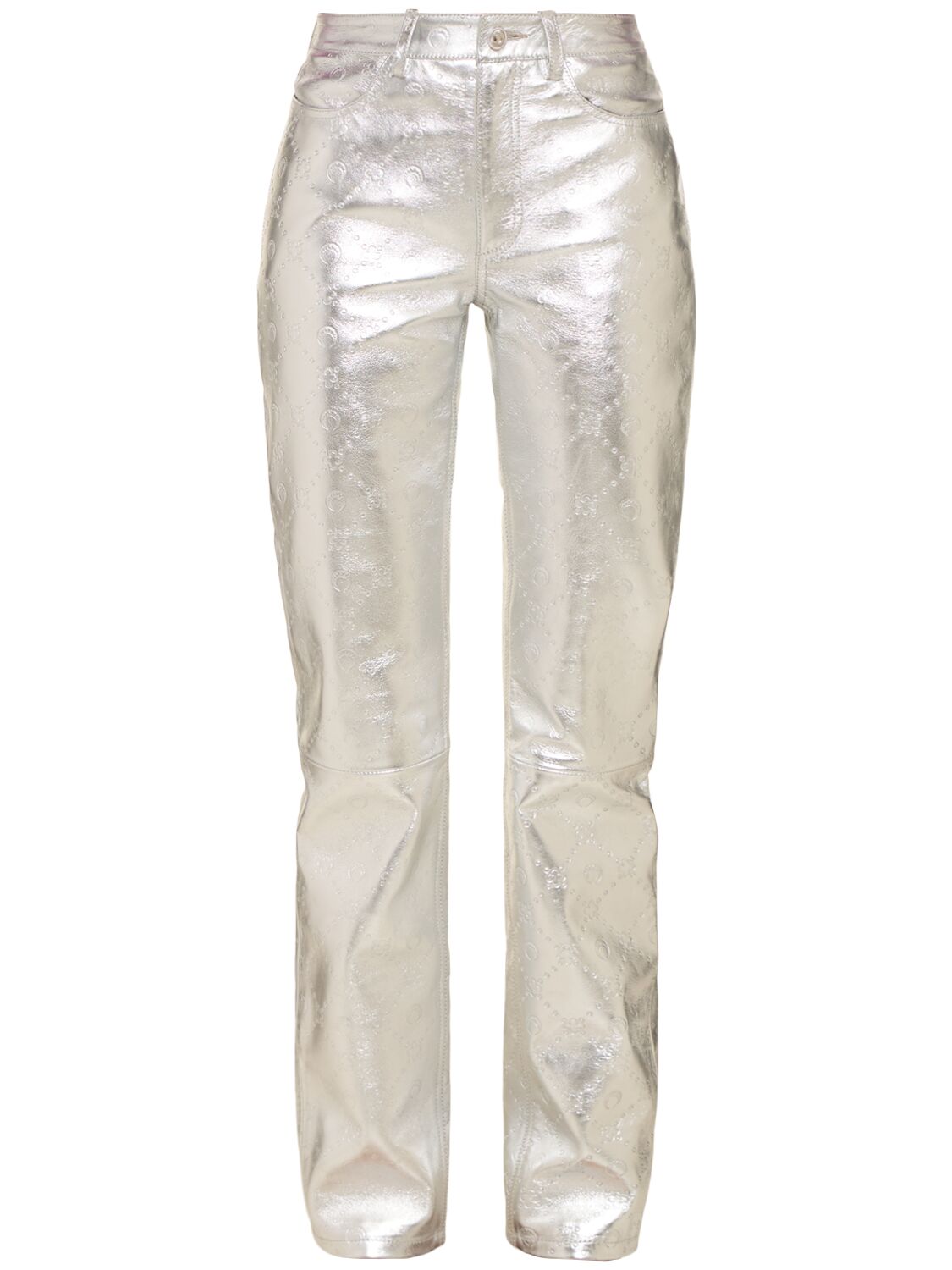 Marine Serre Laminated Leather Straight Leg Trousers In Silver