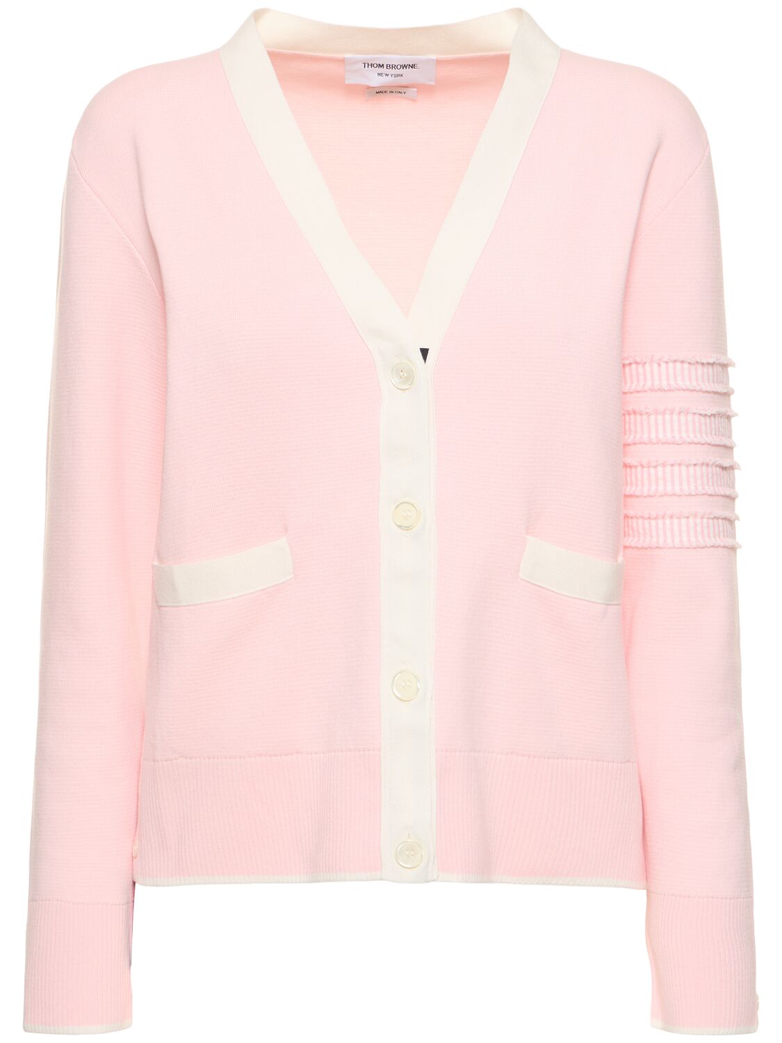Thom Browne Cotton Knit 4 Stripe Cardigan W/ Pockets In Pink,white
