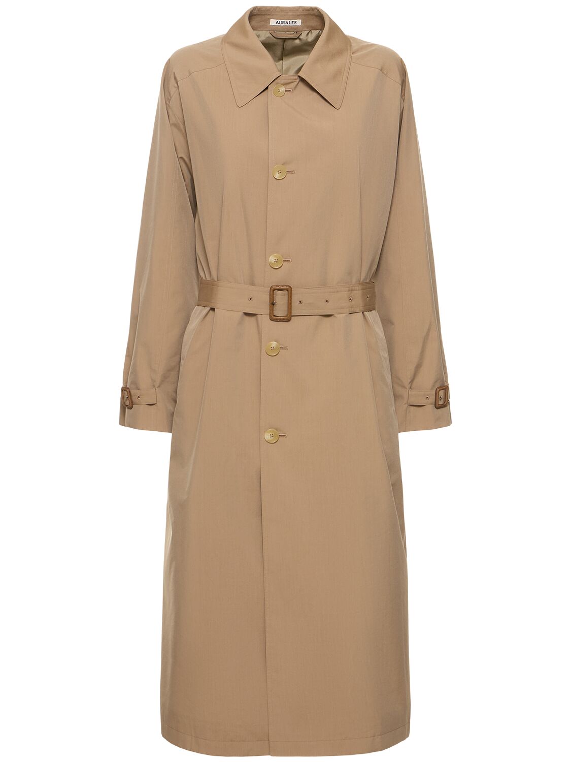 Image of Belted Cotton Chambray Long Trench Coat