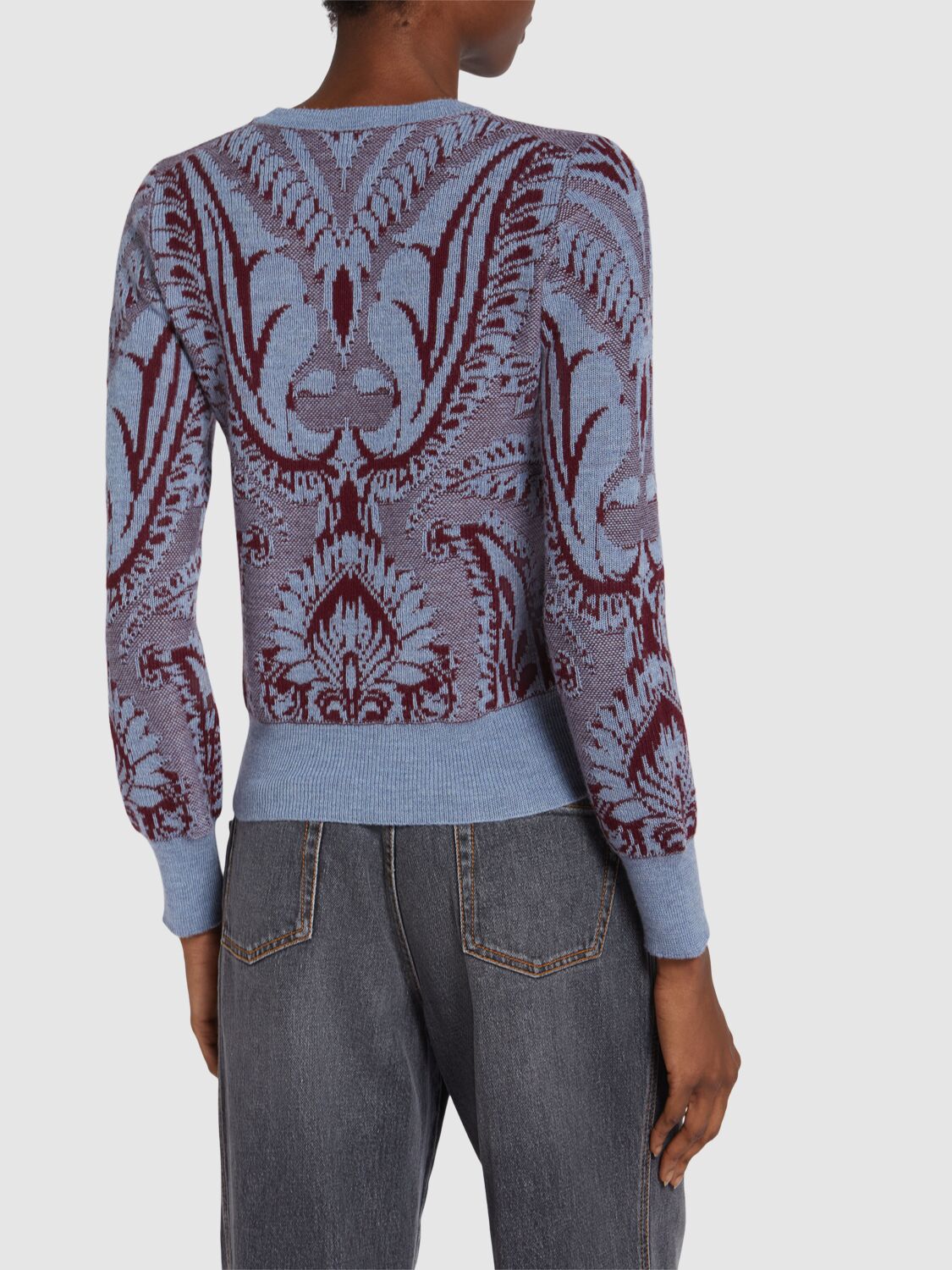 Shop Etro Embroidered Wool Knit Sweater In 蓝色/酒红色