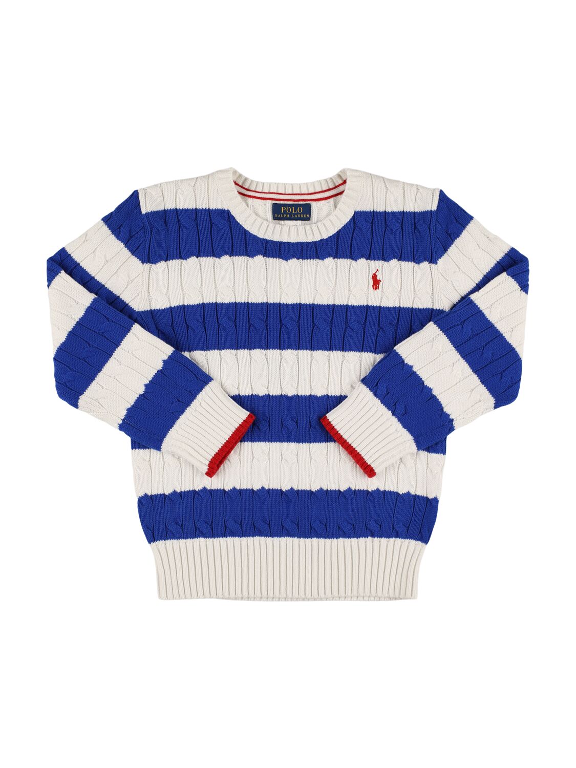 Ralph Lauren Babies' Logo Striped Cotton Cable Knit Sweater In Blue