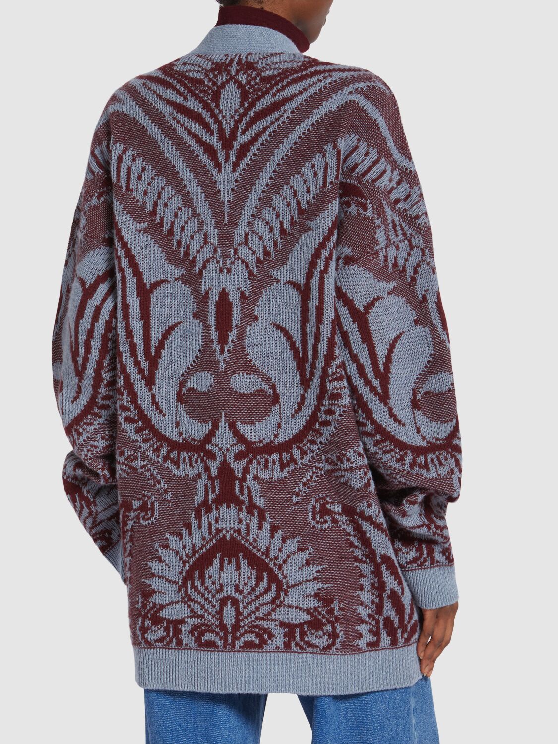 Shop Etro Embroidered Wool Knit Oversized Cardigan In 蓝色/酒红色