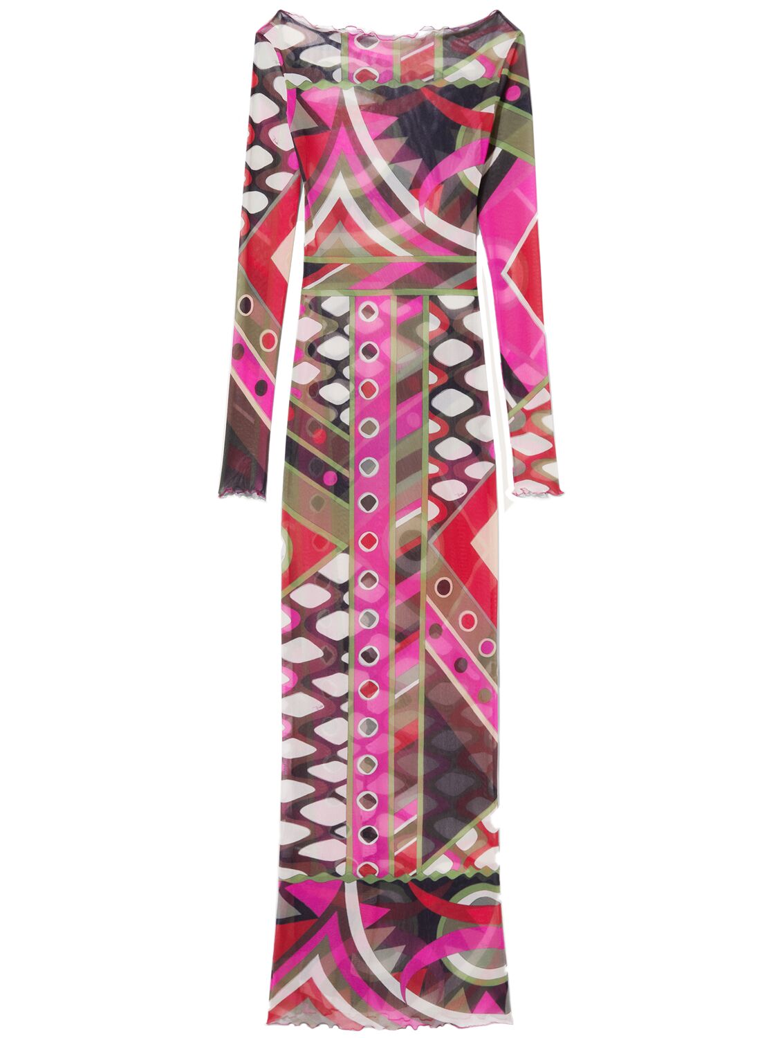 Pucci Printed Tulle Long Dress In Green,fuchsia