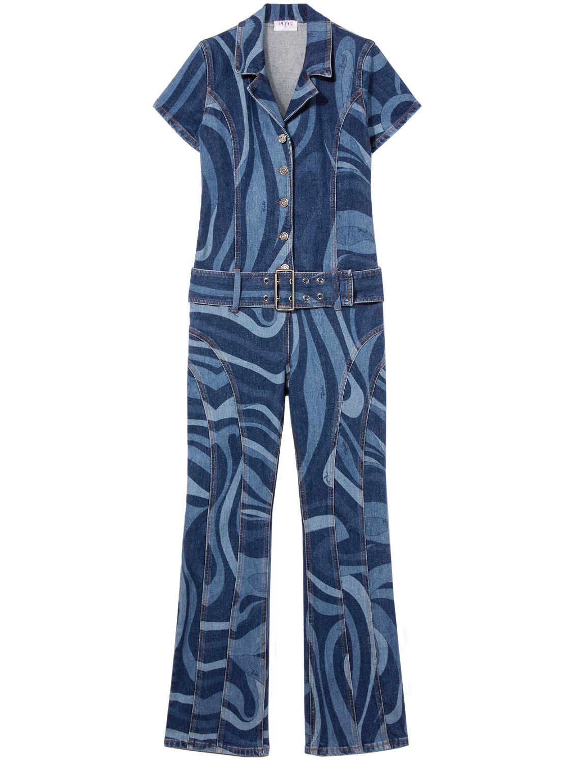 Shop Pucci Printed Denim Long Jumpsuit In Blue,multi