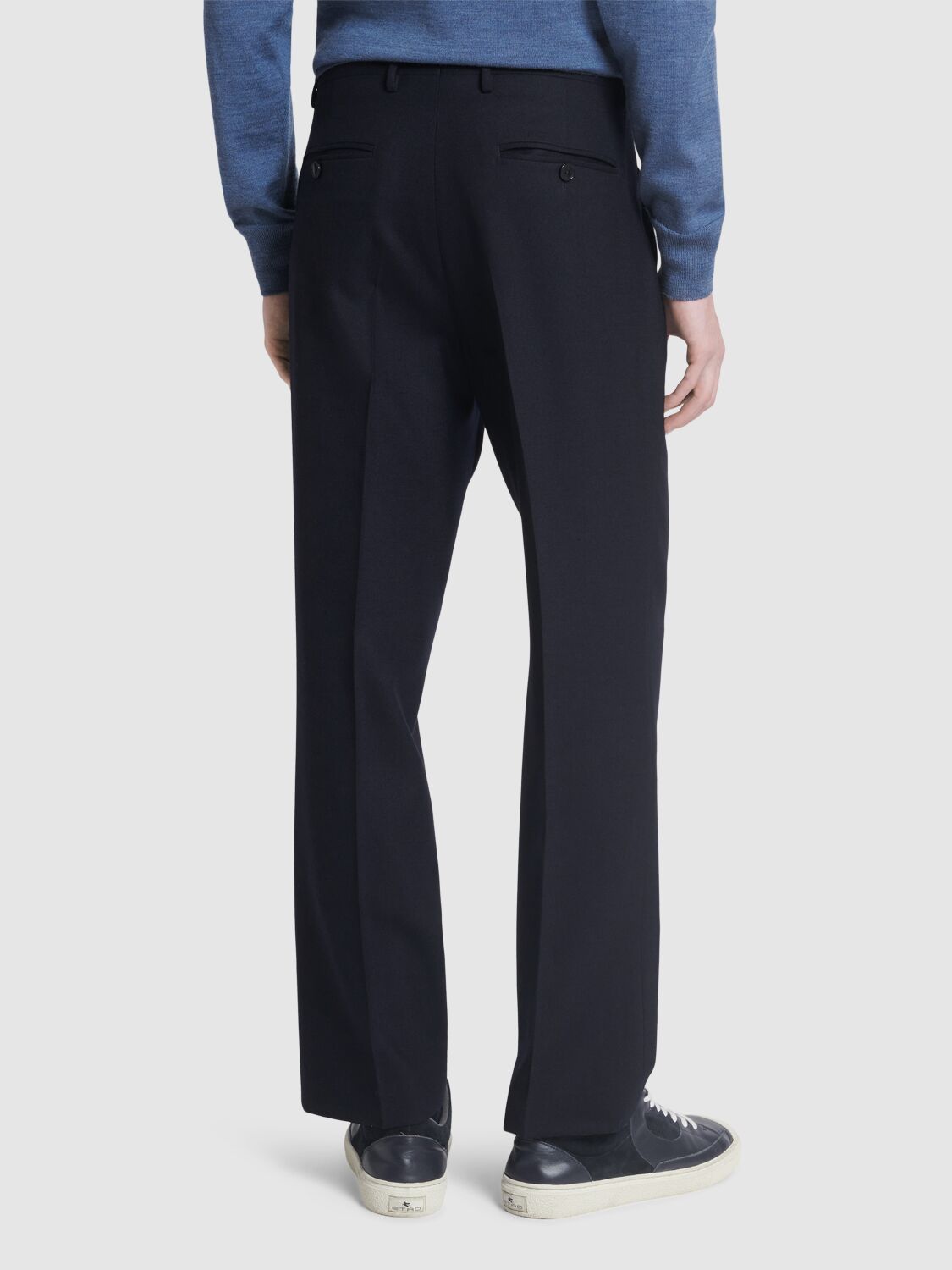 Shop Etro Wool Blend Single Pleat Pants In Navy