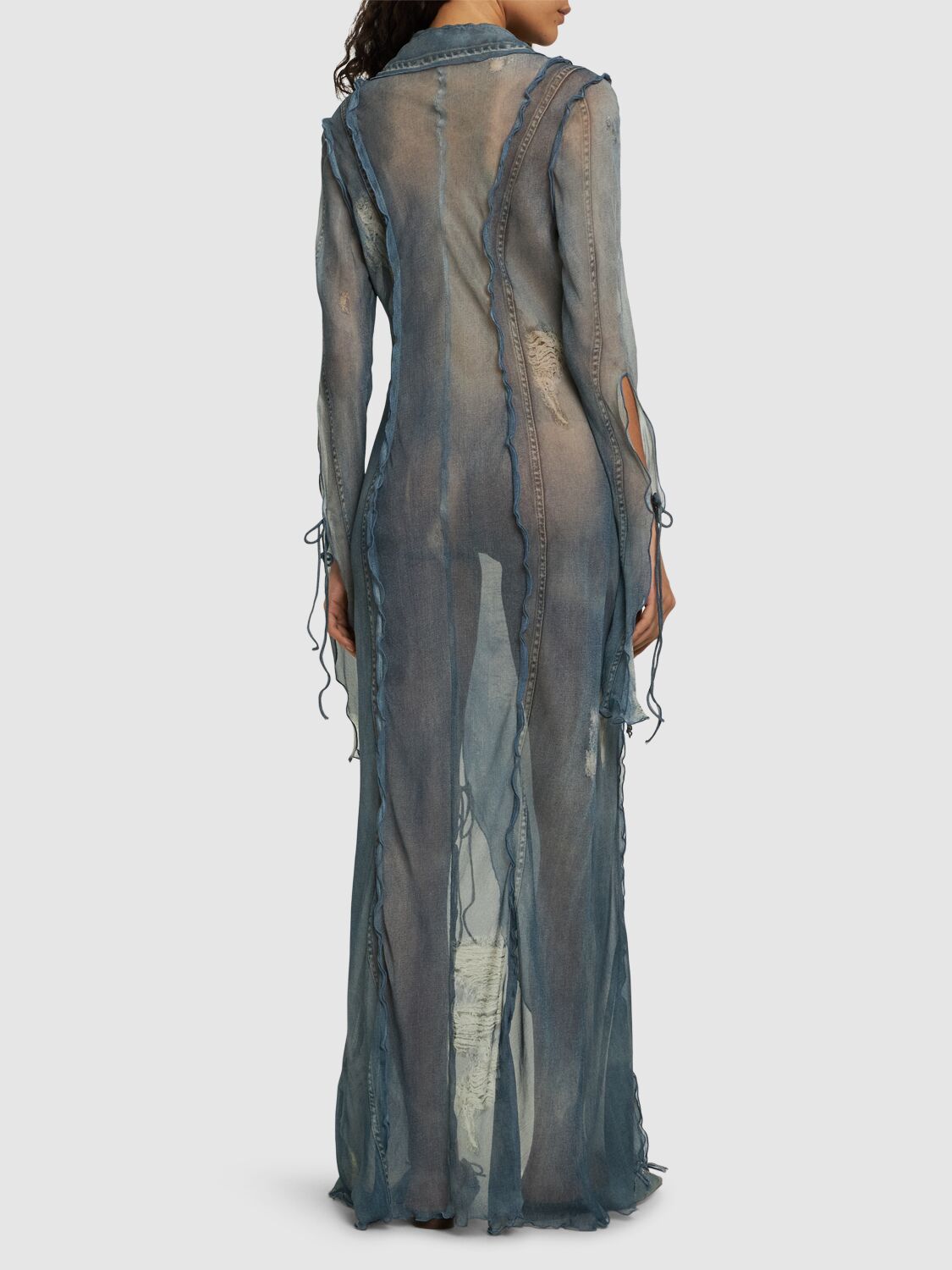 Shop Acne Studios Printed Satin Denim Effect Long Dress In Light Blue