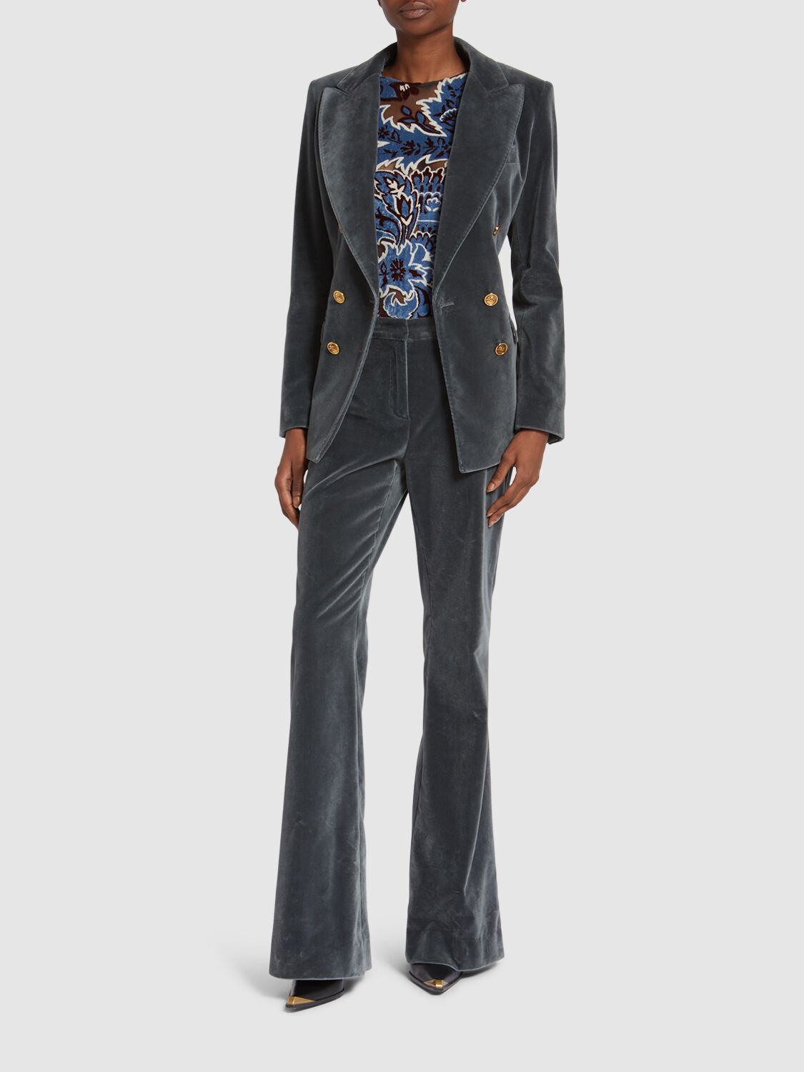 Shop Etro Velvet Flared Pants In Teal/grey