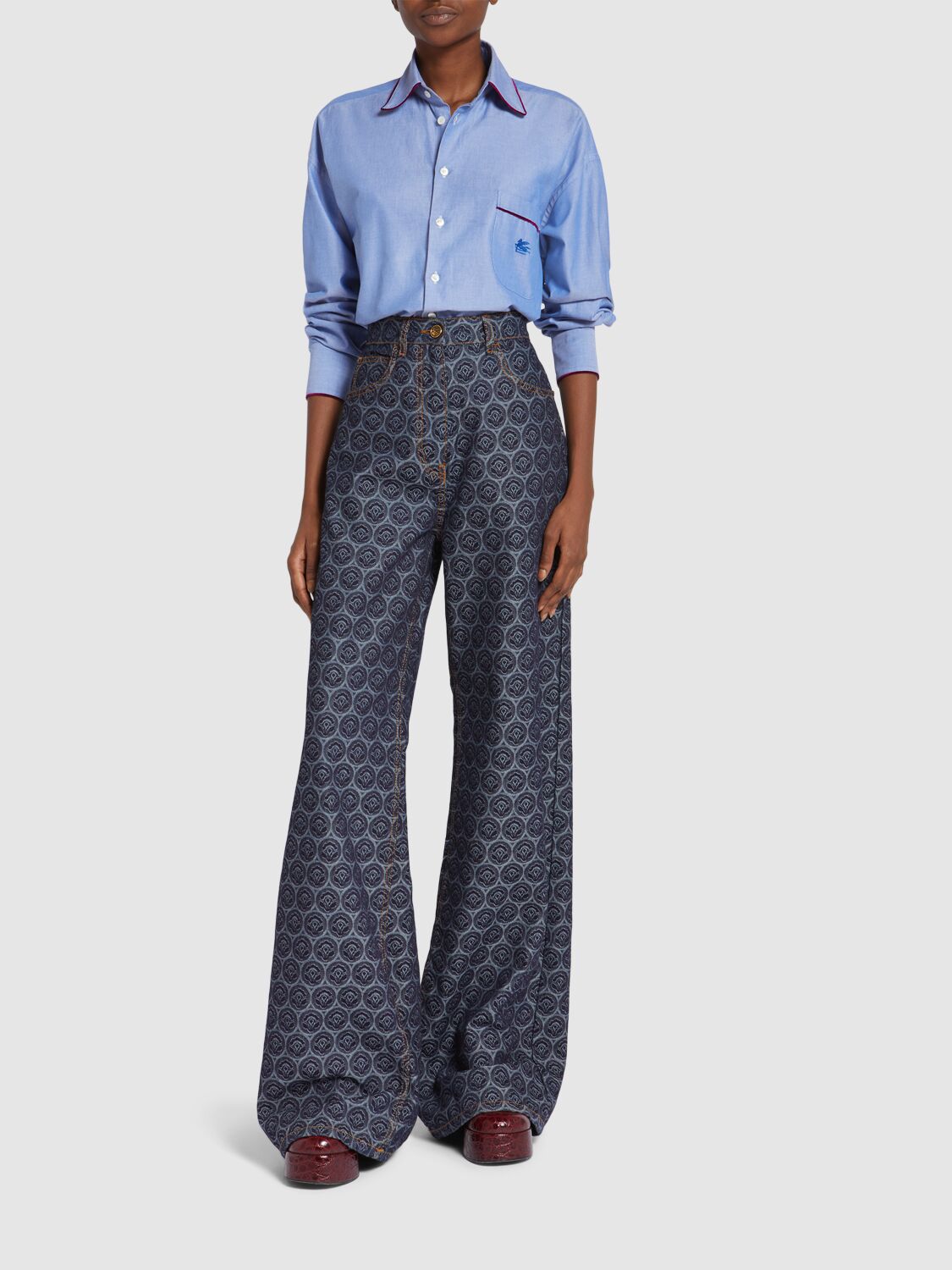 Shop Etro Printed Denim High Rise Wide Jeans In Navy/lilac