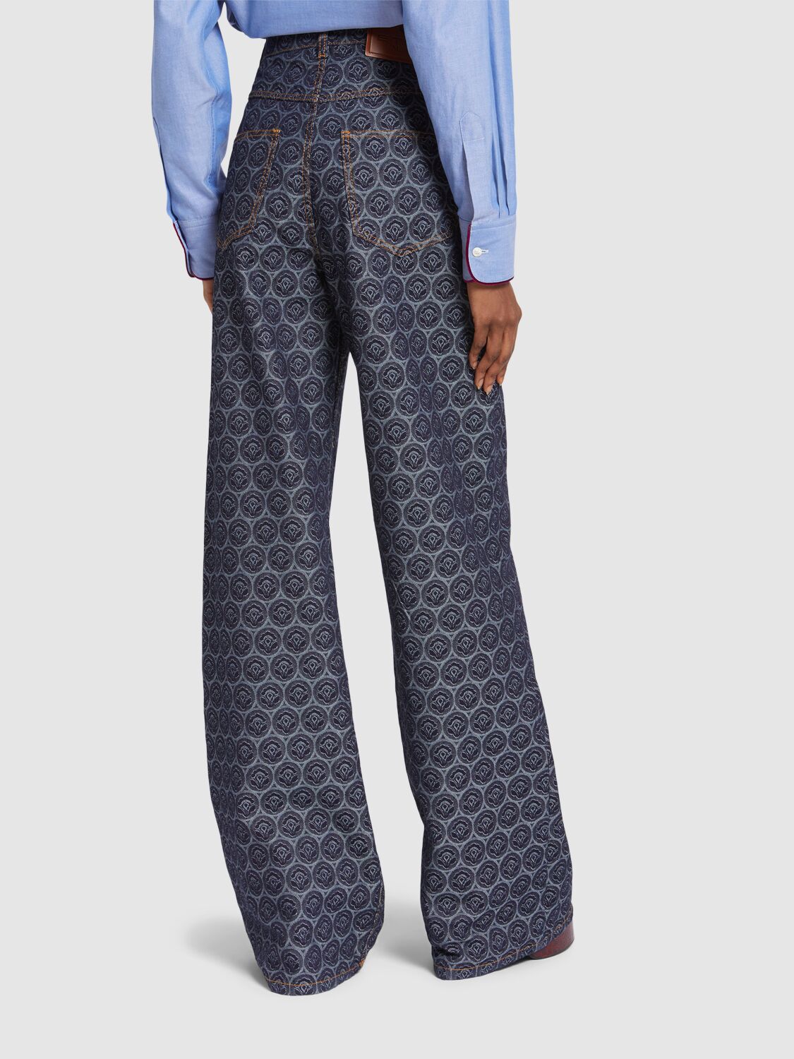 Shop Etro Printed Denim High Rise Wide Jeans In Navy/lilac