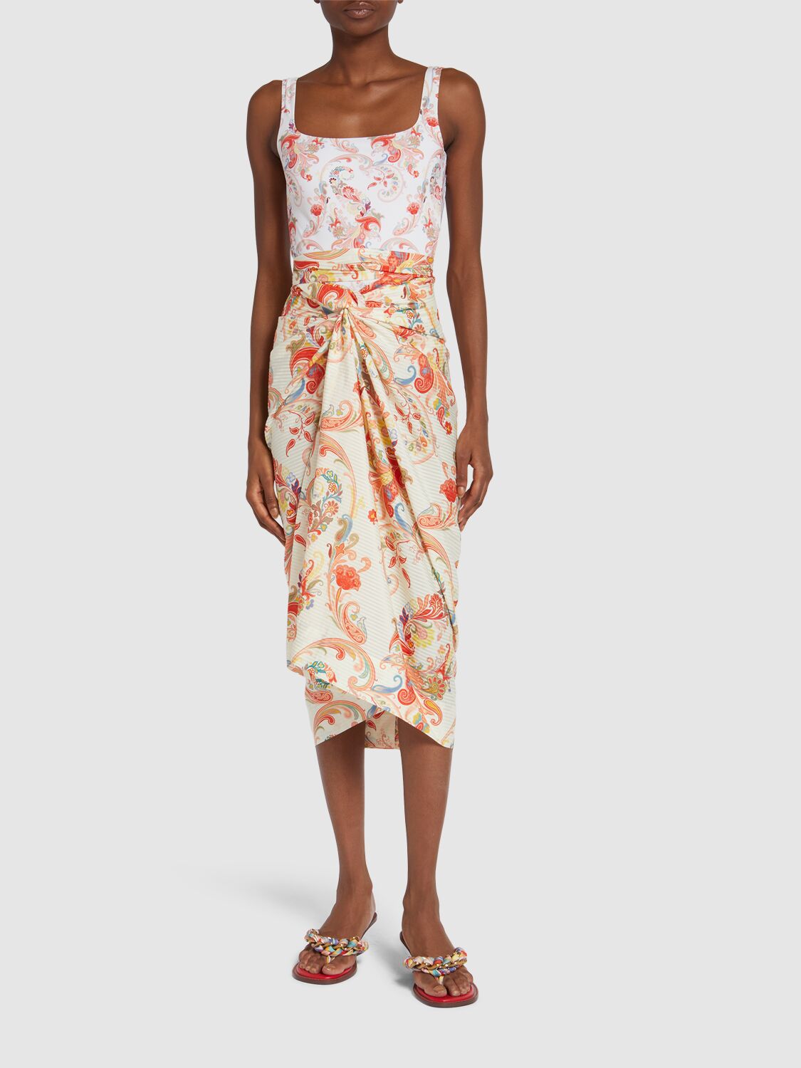 Shop Etro Printed Cotton & Silk Midi Sarong Skirt In 奶油色/多色